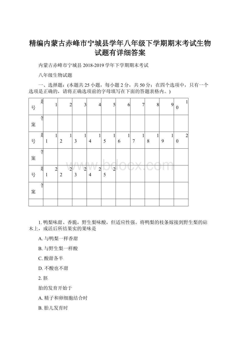 精编内蒙古赤峰市宁城县学年八年级下学期期末考试生物试题有详细答案Word格式.docx_第1页