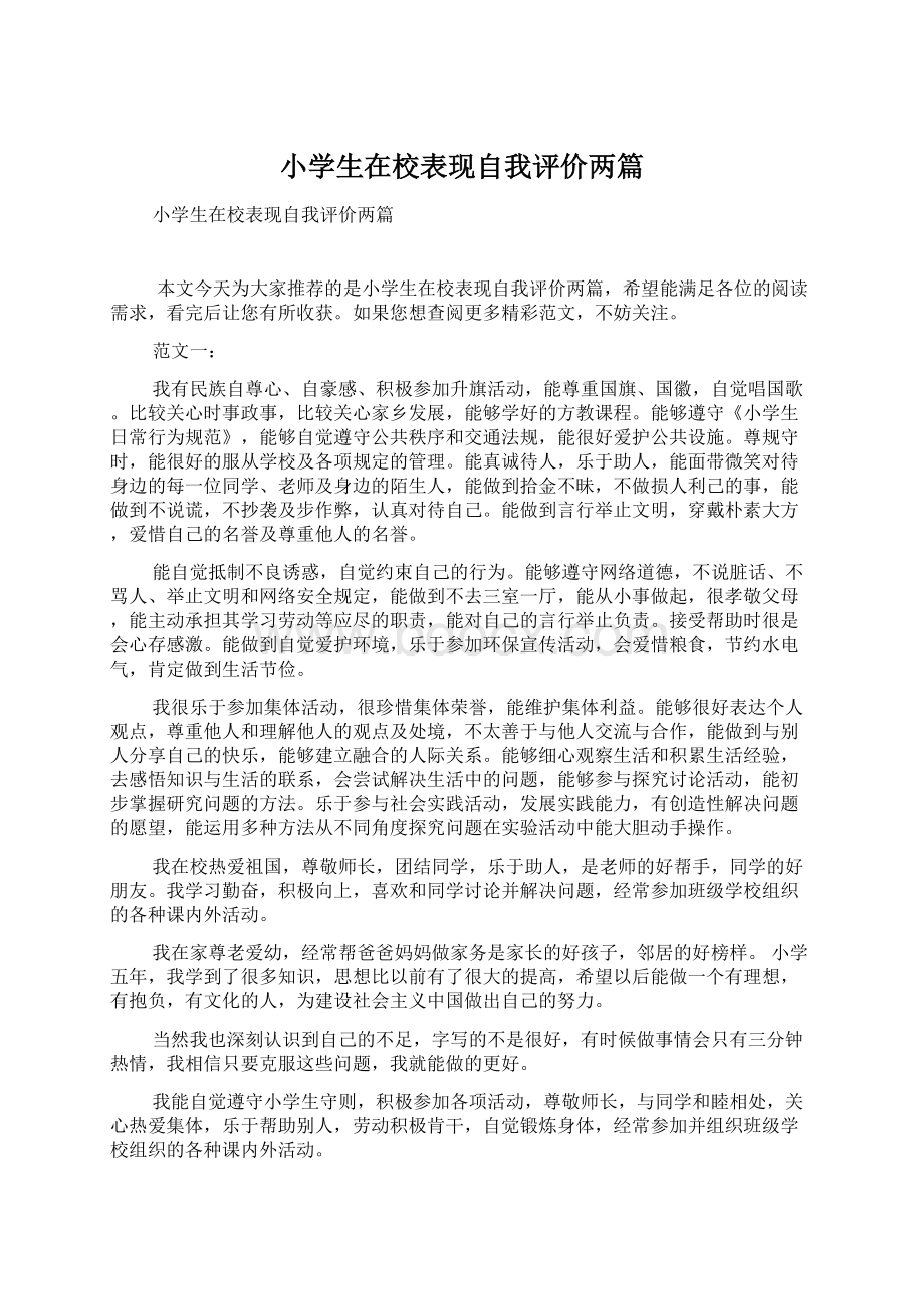 小学生在校表现自我评价两篇文档格式.docx