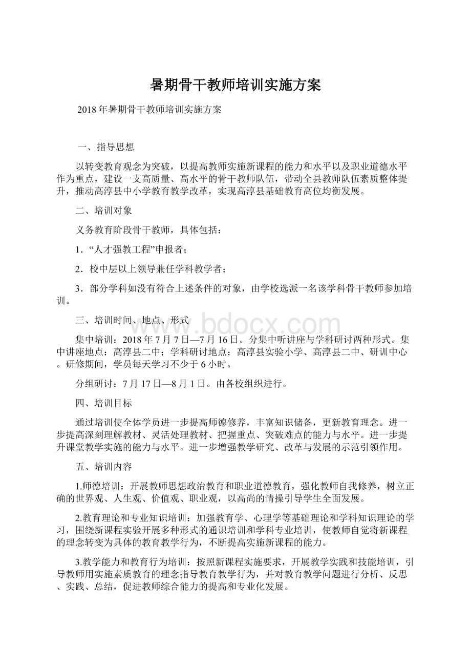 暑期骨干教师培训实施方案Word格式.docx