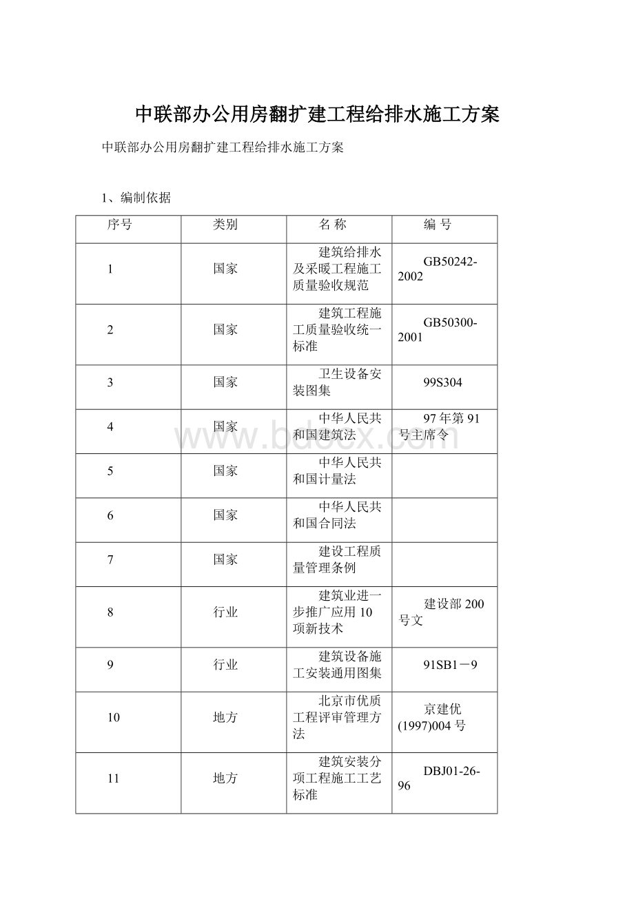 中联部办公用房翻扩建工程给排水施工方案Word文档下载推荐.docx_第1页