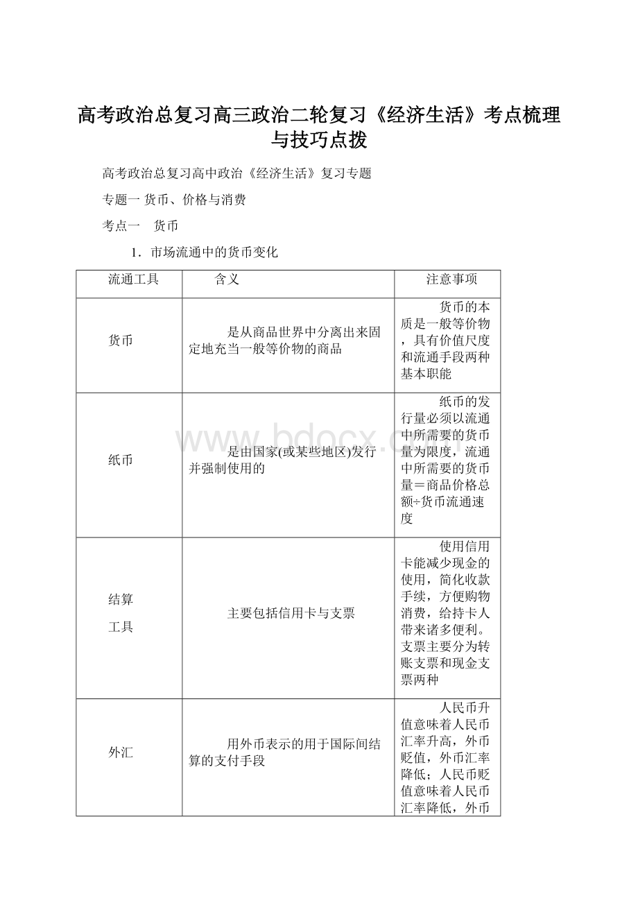 高考政治总复习高三政治二轮复习《经济生活》考点梳理与技巧点拨.docx_第1页