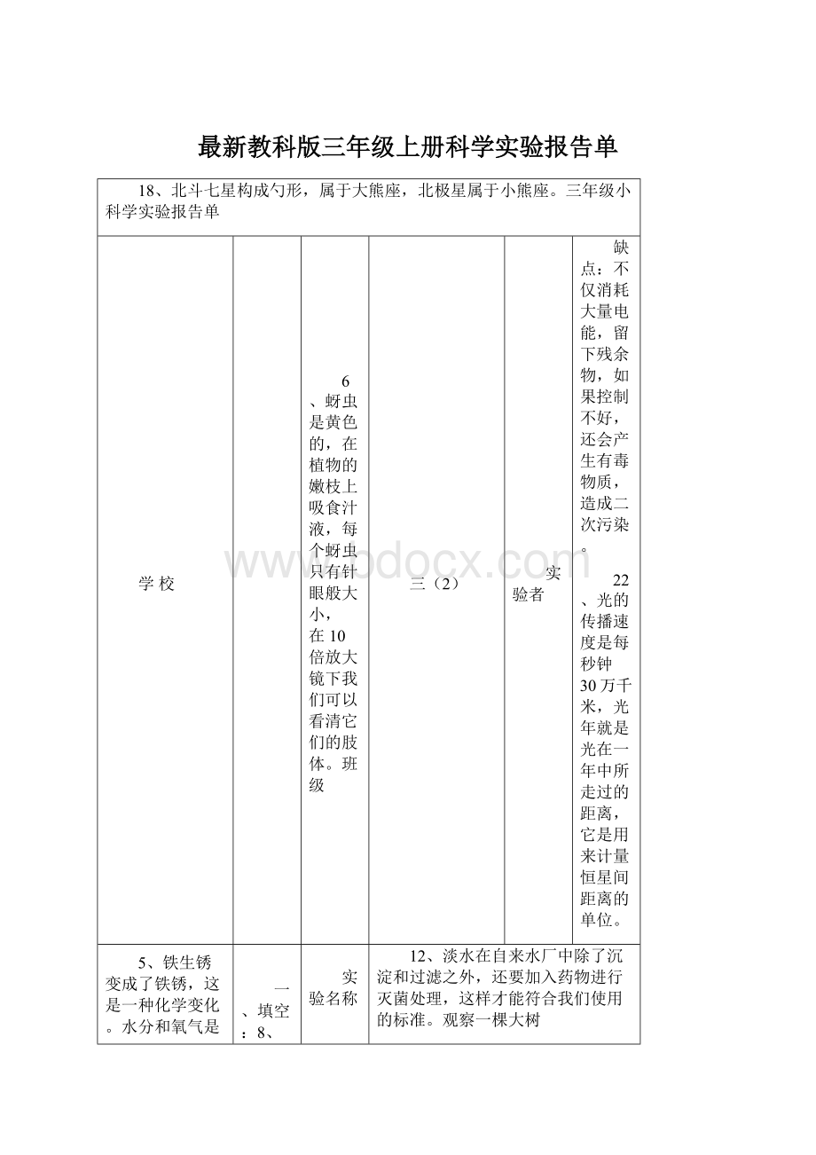 最新教科版三年级上册科学实验报告单.docx