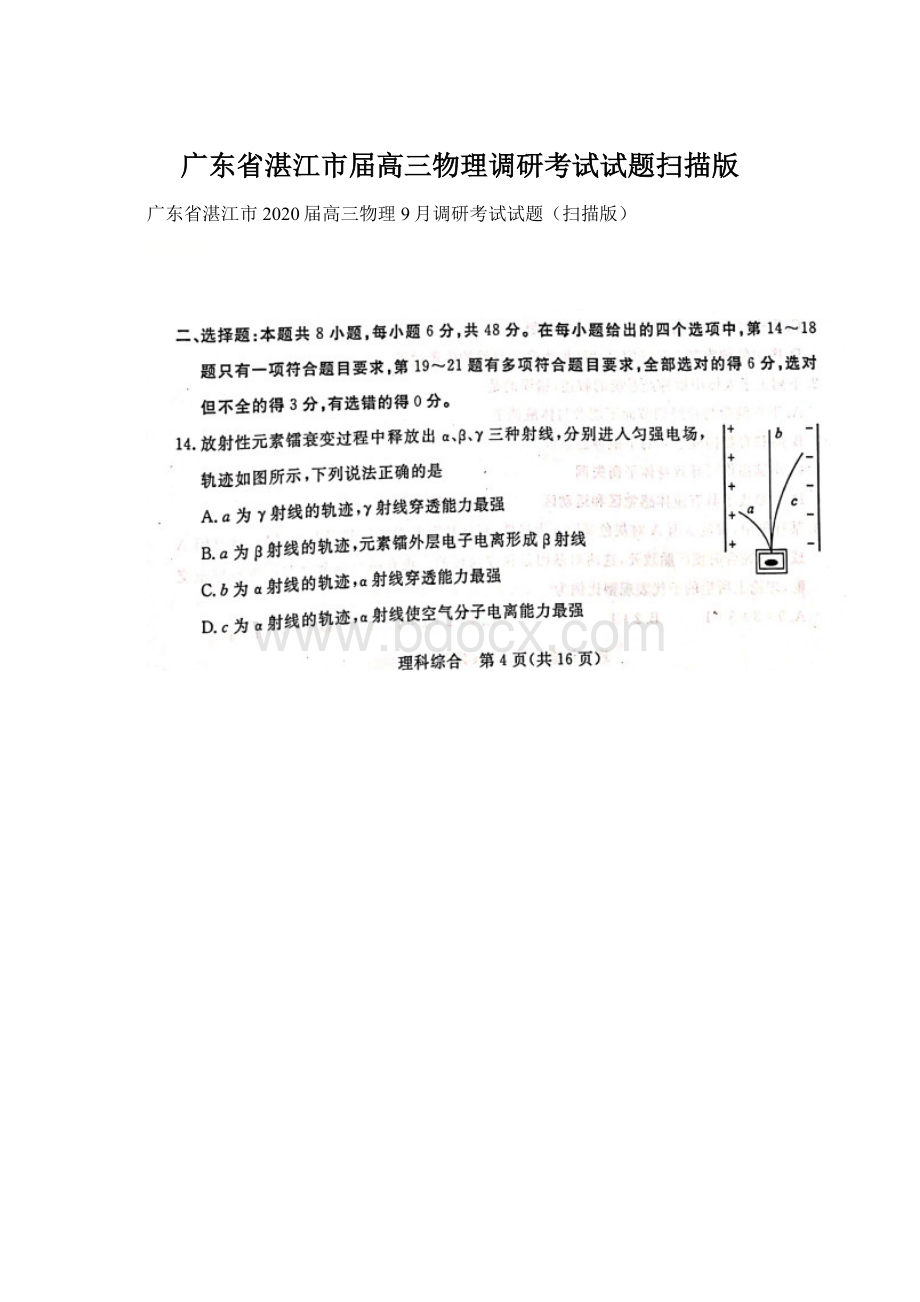 广东省湛江市届高三物理调研考试试题扫描版Word下载.docx