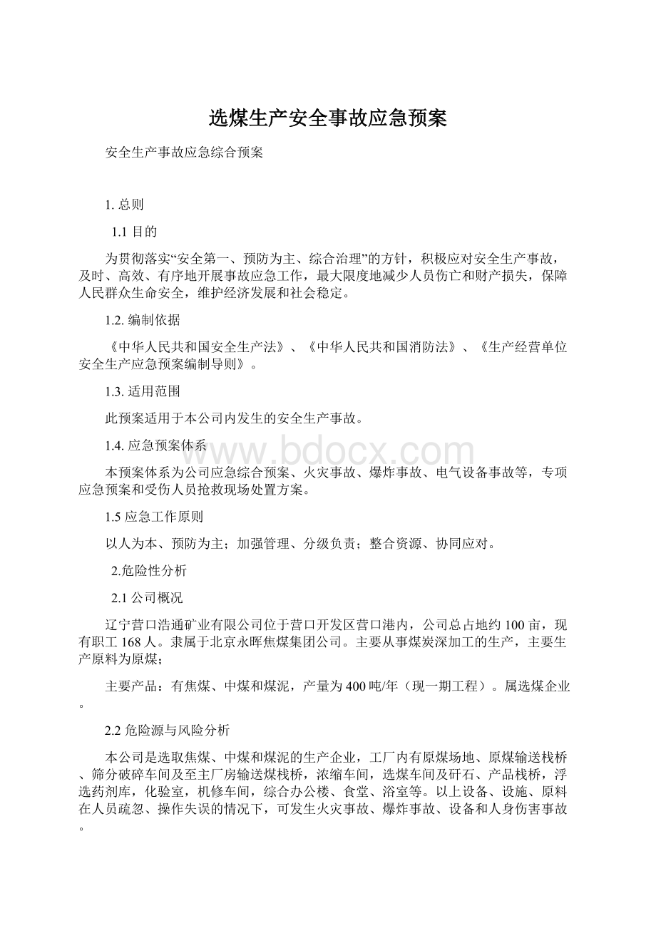 选煤生产安全事故应急预案.docx