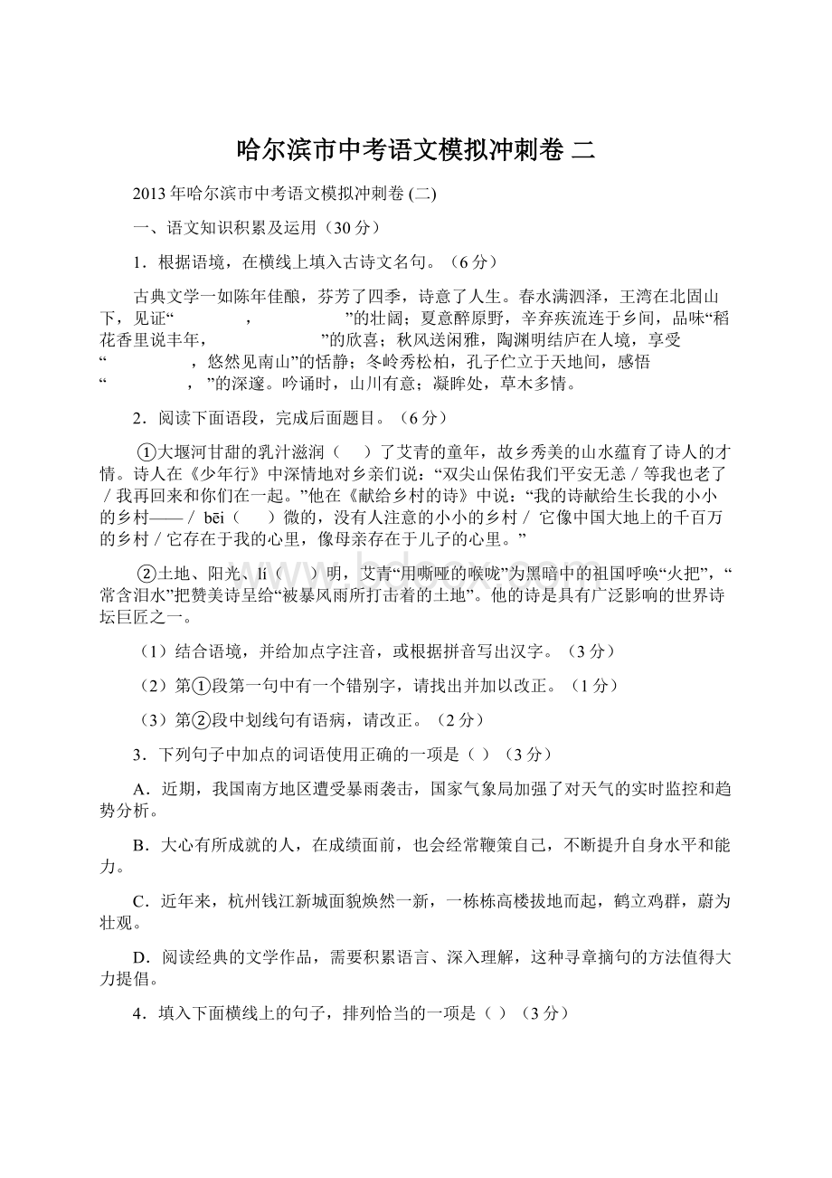 哈尔滨市中考语文模拟冲刺卷 二.docx_第1页