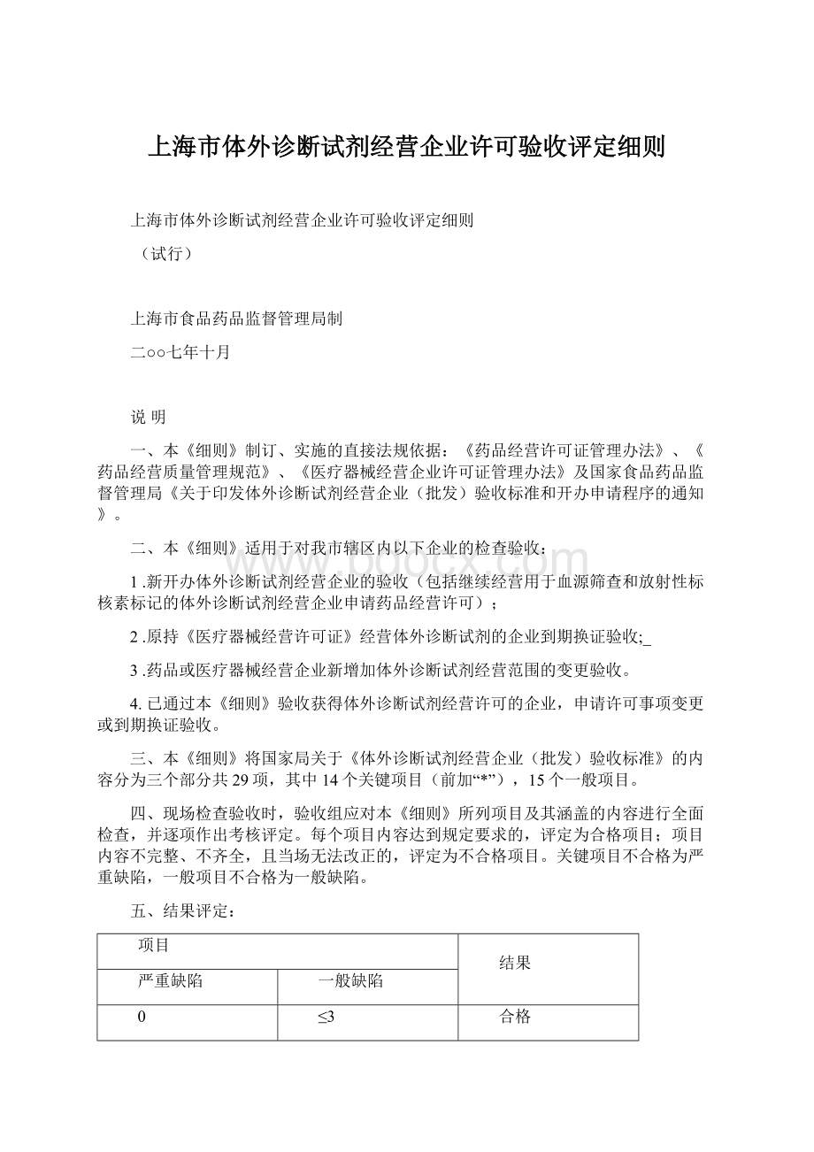 上海市体外诊断试剂经营企业许可验收评定细则Word下载.docx