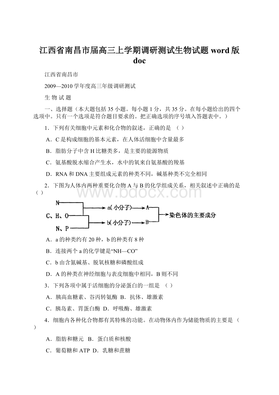 江西省南昌市届高三上学期调研测试生物试题word版 doc.docx_第1页