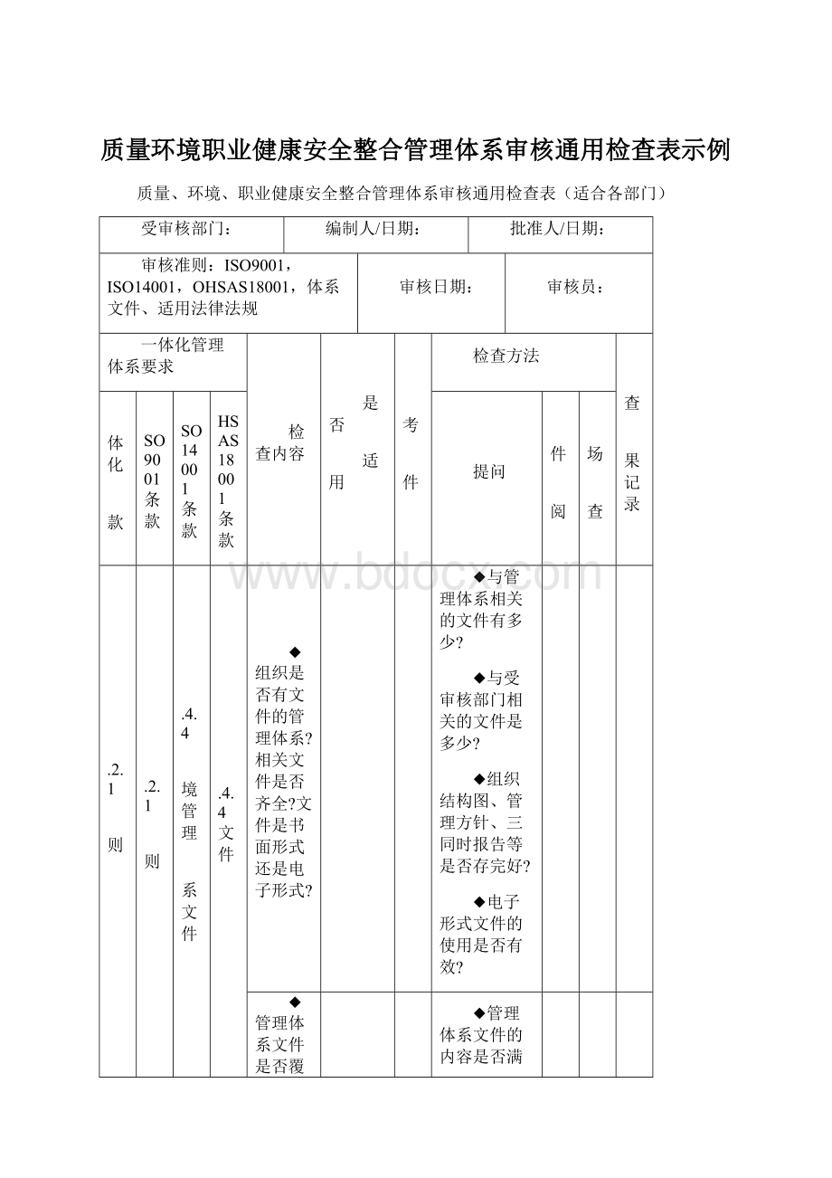 质量环境职业健康安全整合管理体系审核通用检查表示例.docx