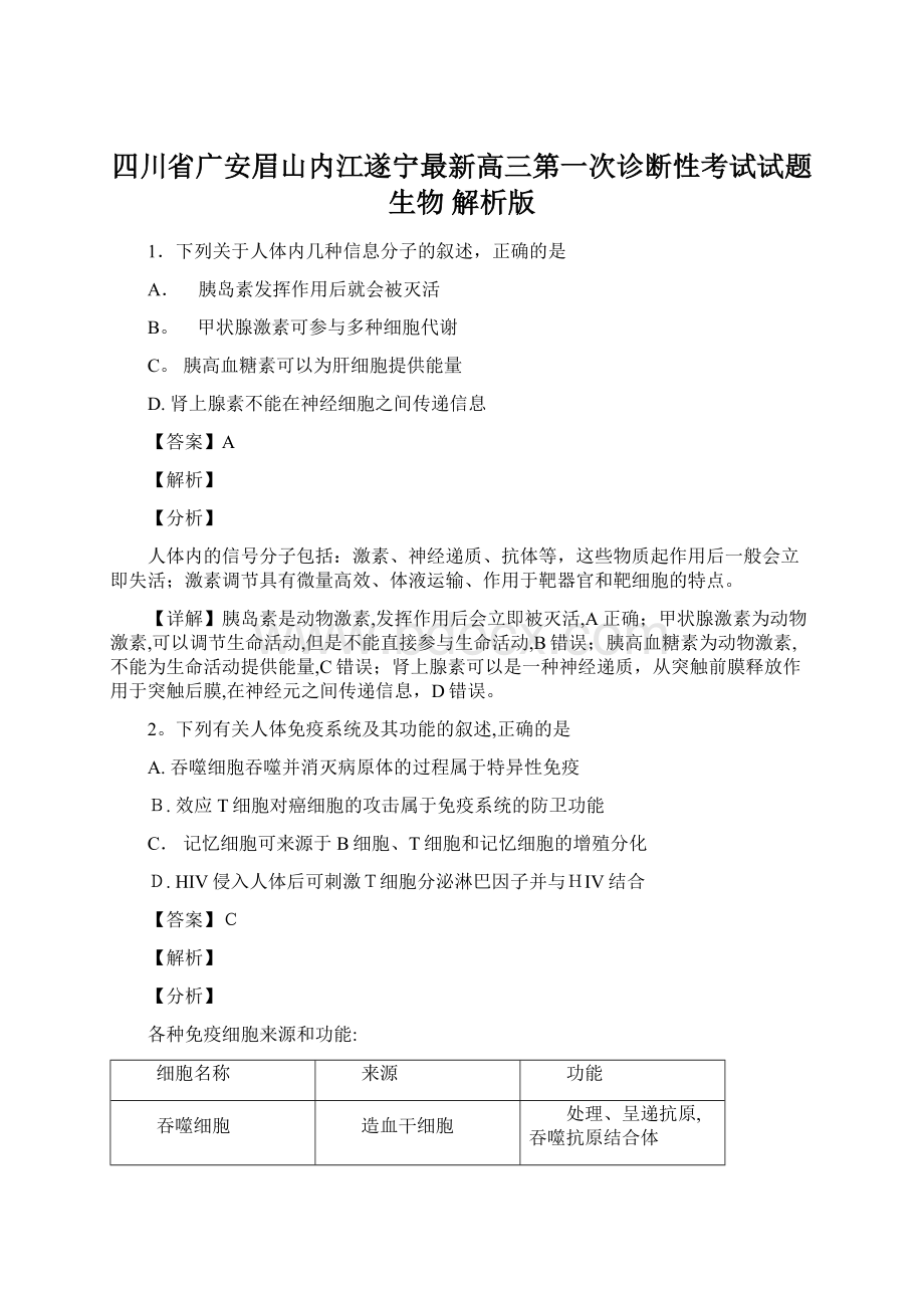 四川省广安眉山内江遂宁最新高三第一次诊断性考试试题生物 解析版Word格式文档下载.docx_第1页