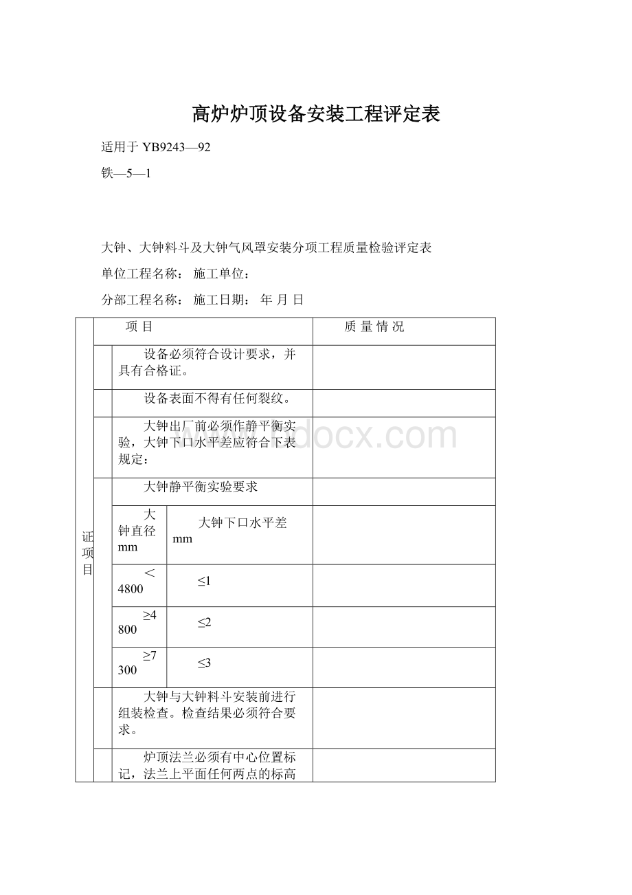 高炉炉顶设备安装工程评定表.docx