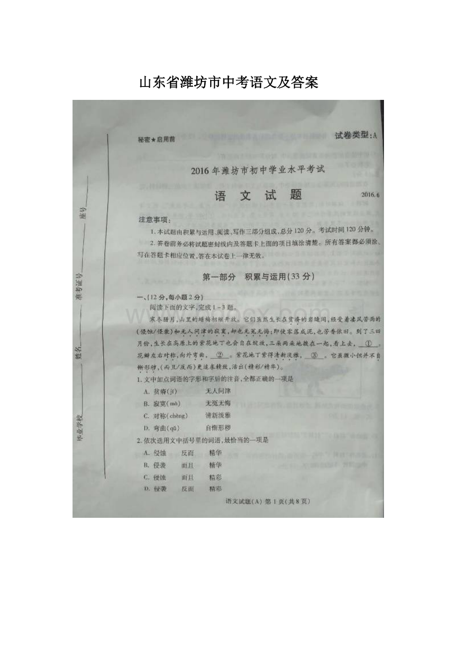 山东省潍坊市中考语文及答案文档格式.docx