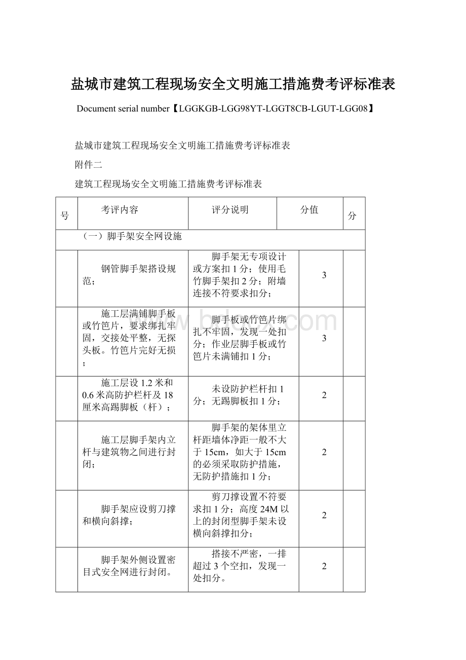 盐城市建筑工程现场安全文明施工措施费考评标准表.docx_第1页