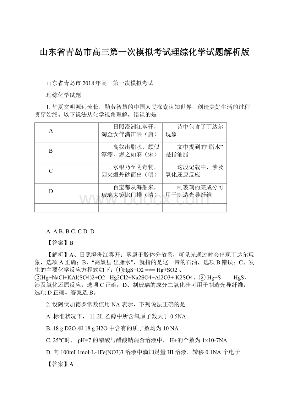 山东省青岛市高三第一次模拟考试理综化学试题解析版.docx_第1页