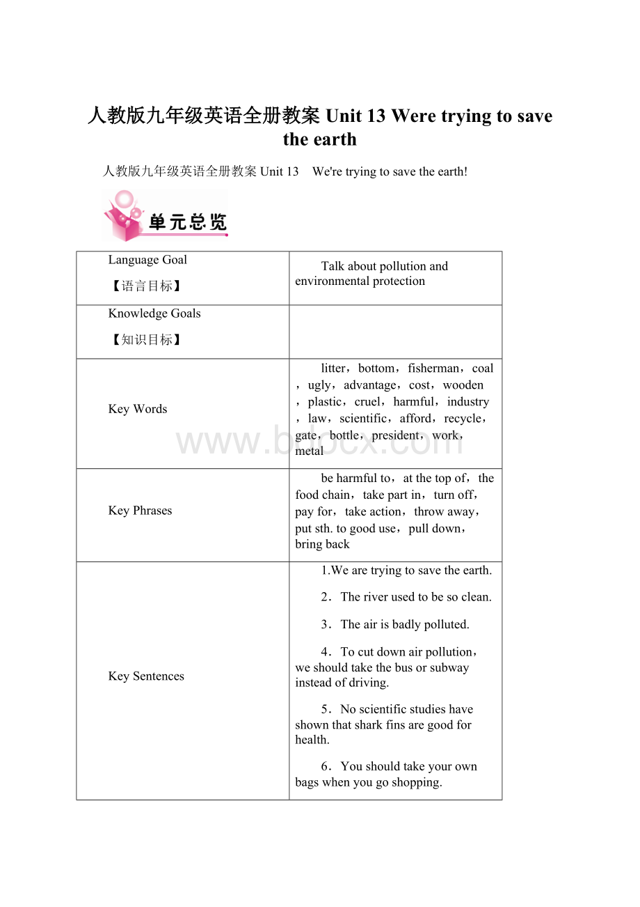 人教版九年级英语全册教案Unit 13 Were trying to save the earth.docx