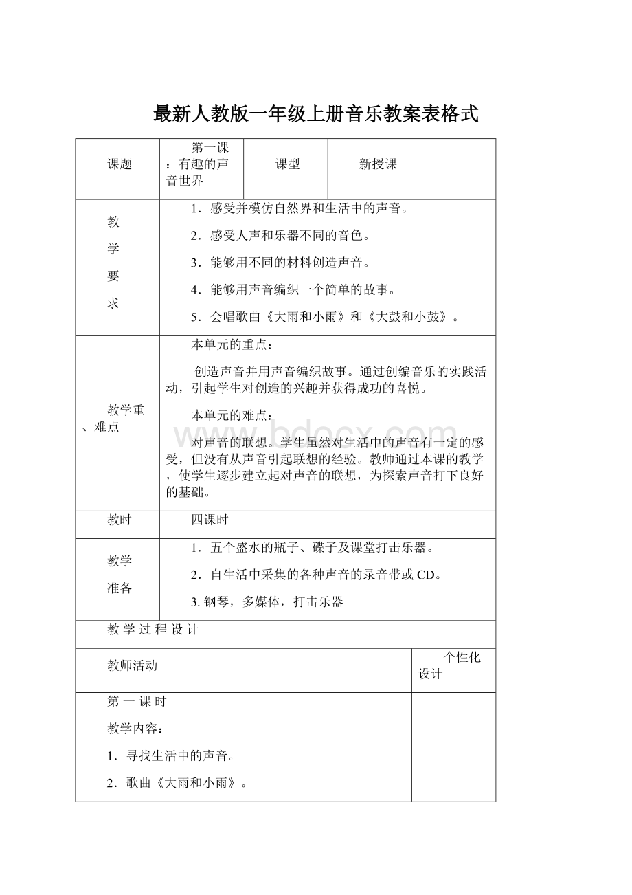 最新人教版一年级上册音乐教案表格式.docx