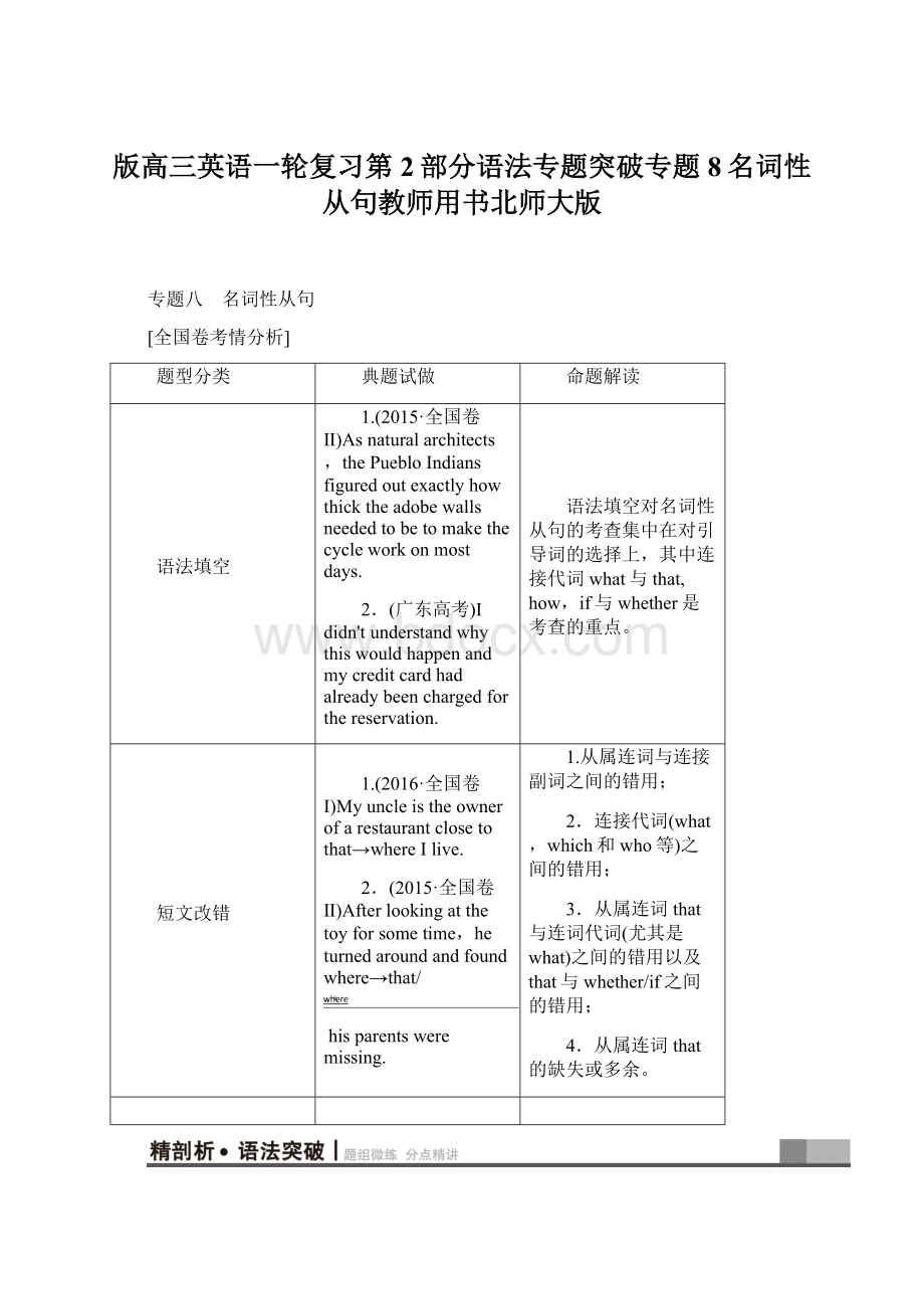 版高三英语一轮复习第2部分语法专题突破专题8名词性从句教师用书北师大版.docx_第1页