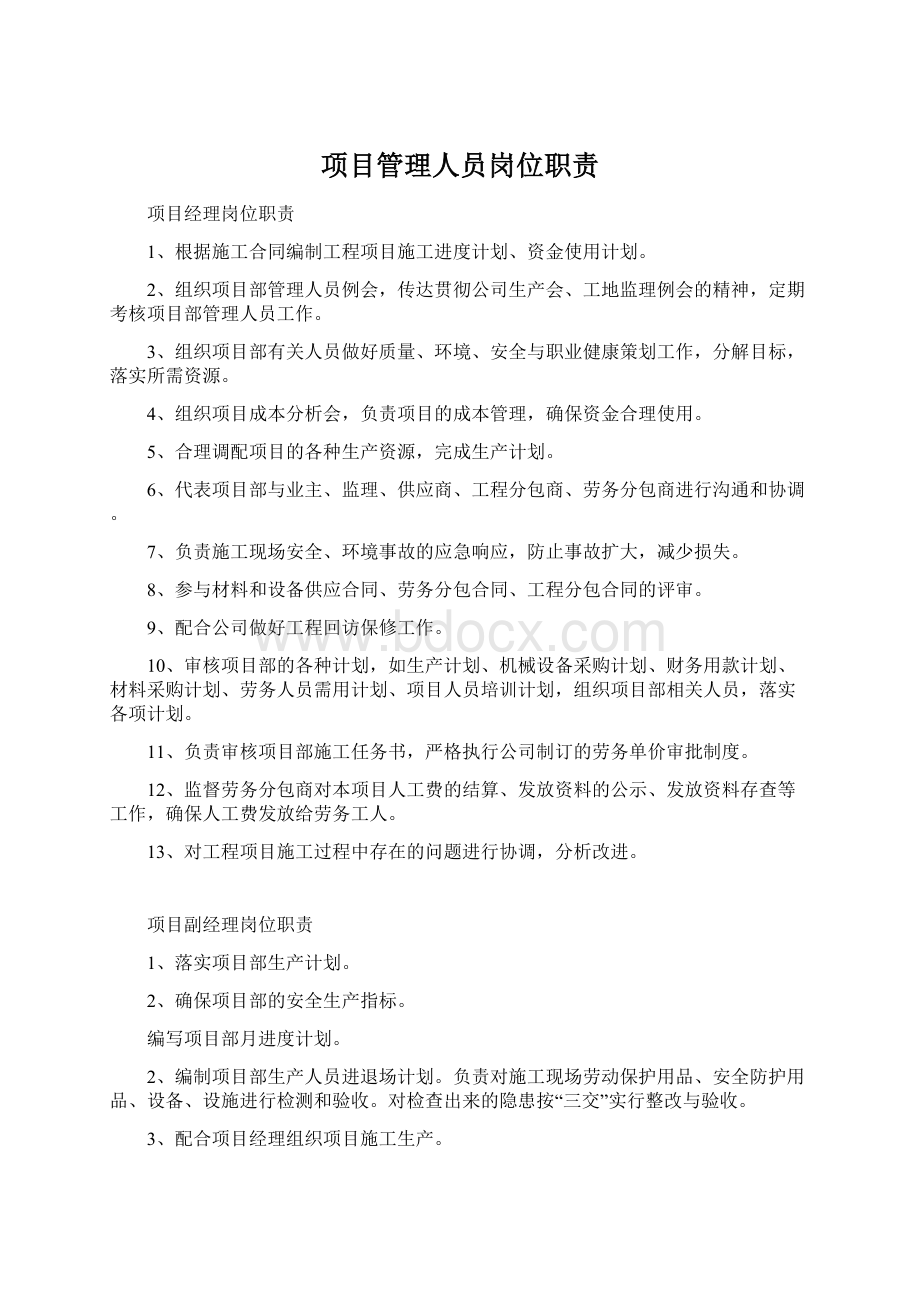 项目管理人员岗位职责Word文档格式.docx