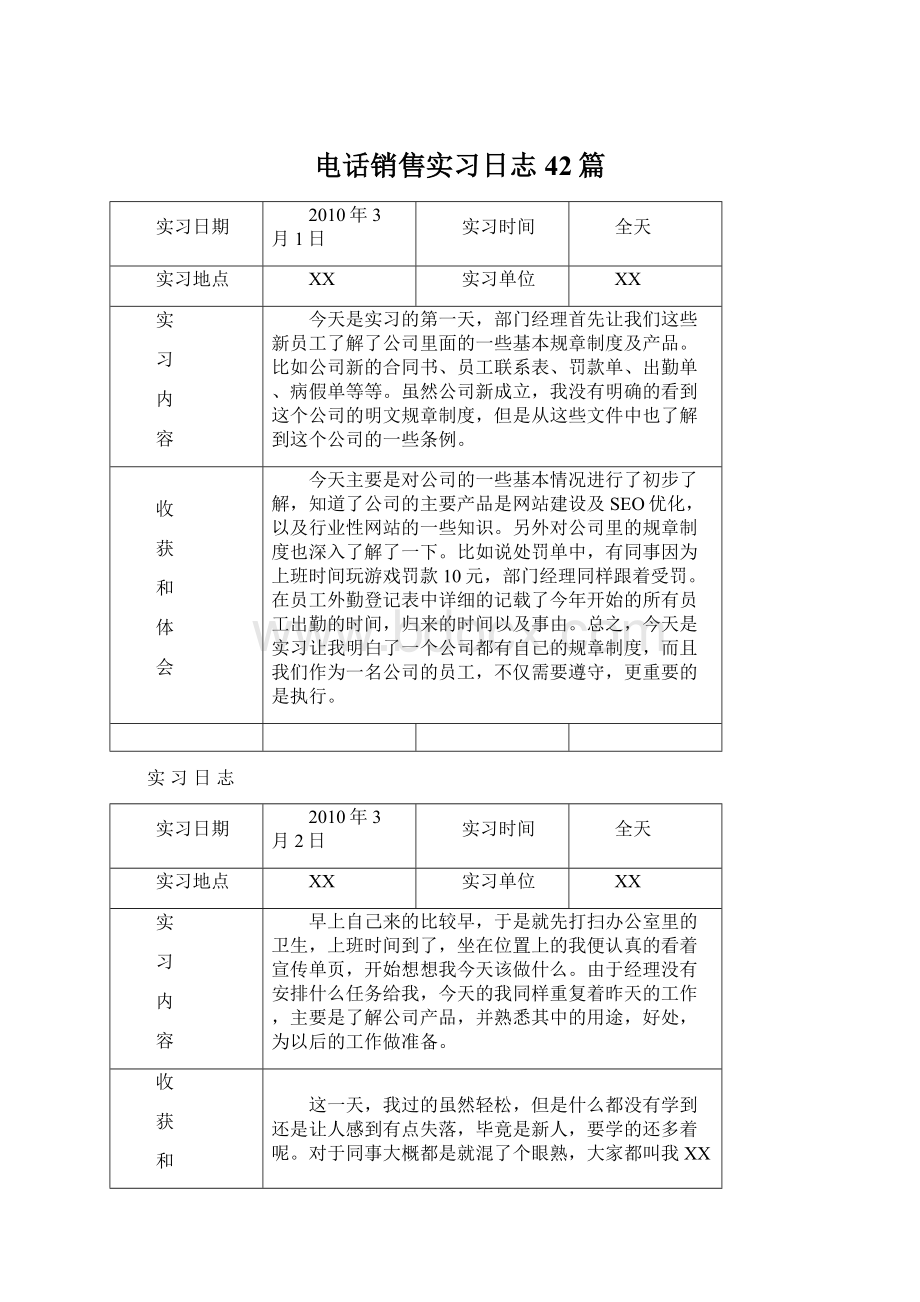 电话销售实习日志42篇.docx_第1页