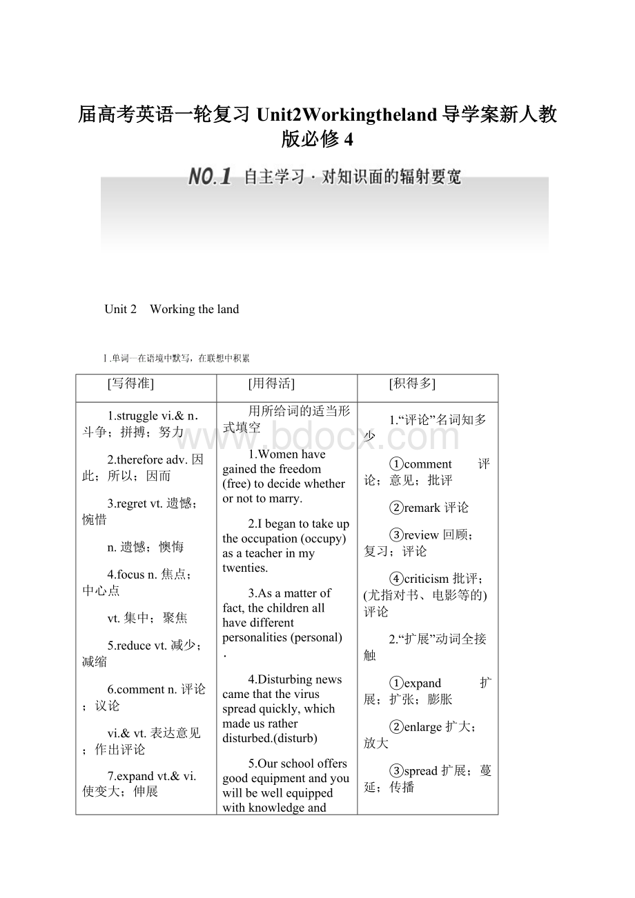 届高考英语一轮复习Unit2Workingtheland导学案新人教版必修4.docx