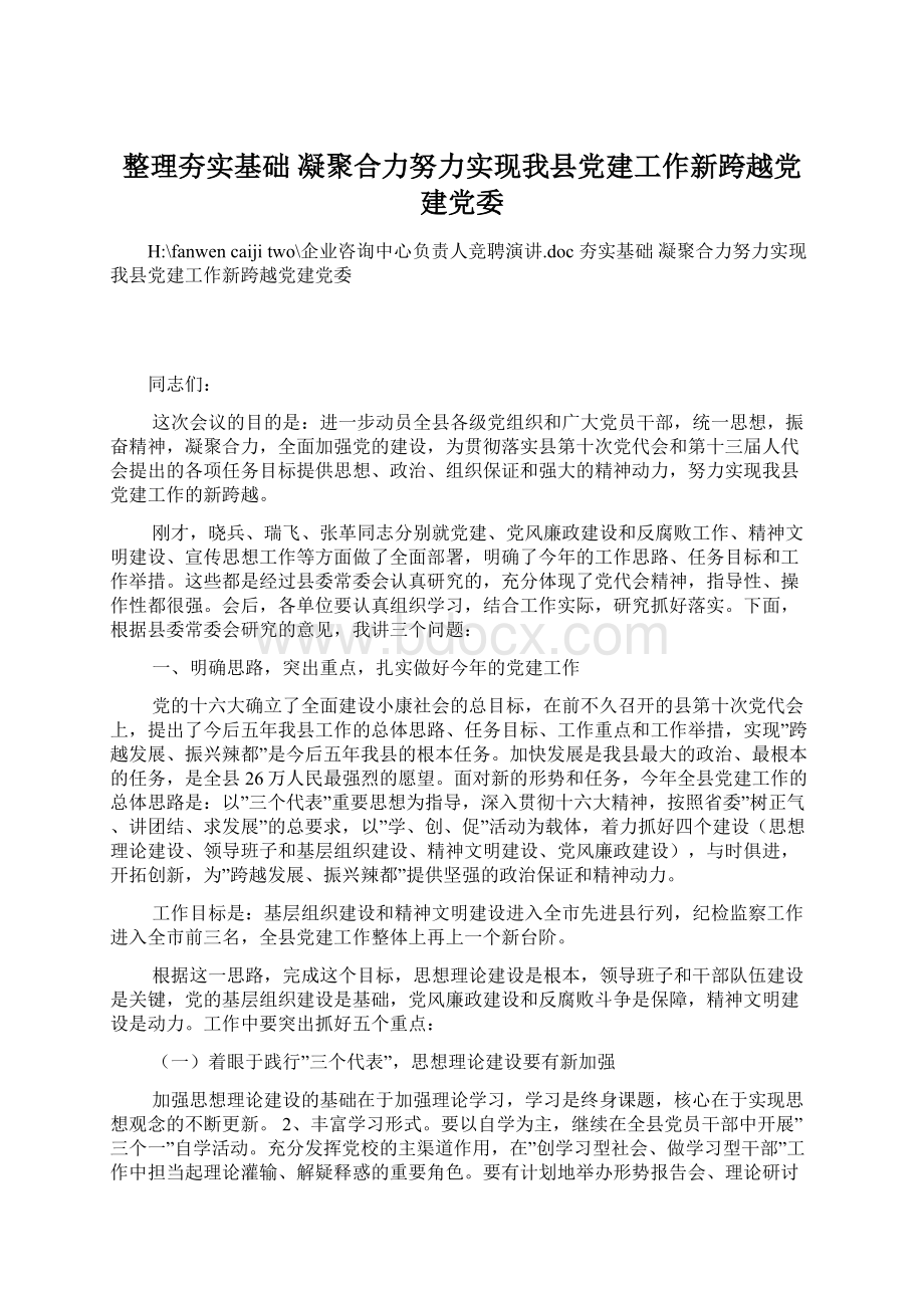 整理夯实基础 凝聚合力努力实现我县党建工作新跨越党建党委文档格式.docx