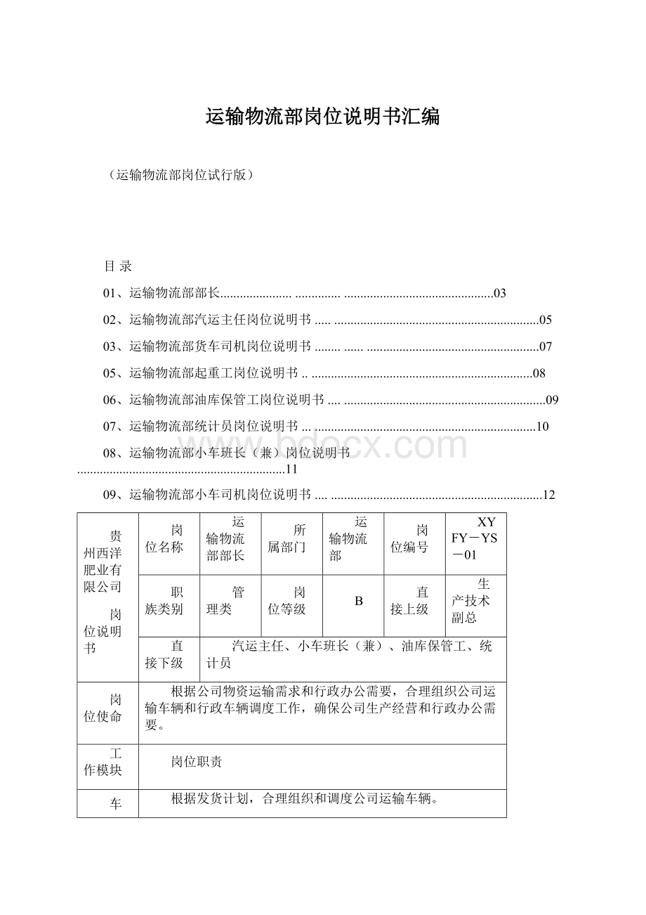 运输物流部岗位说明书汇编.docx_第1页