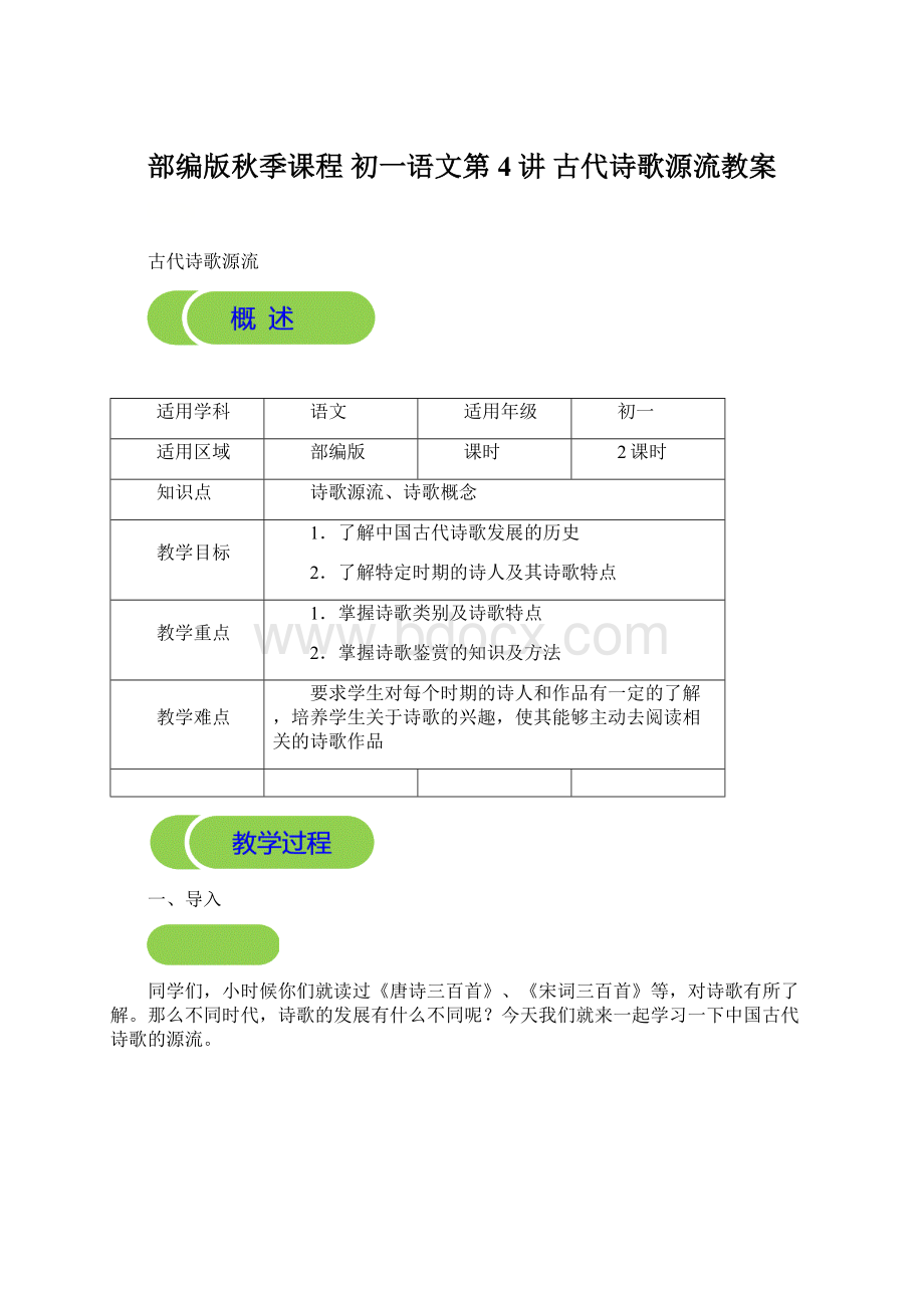 部编版秋季课程 初一语文第4讲 古代诗歌源流教案.docx