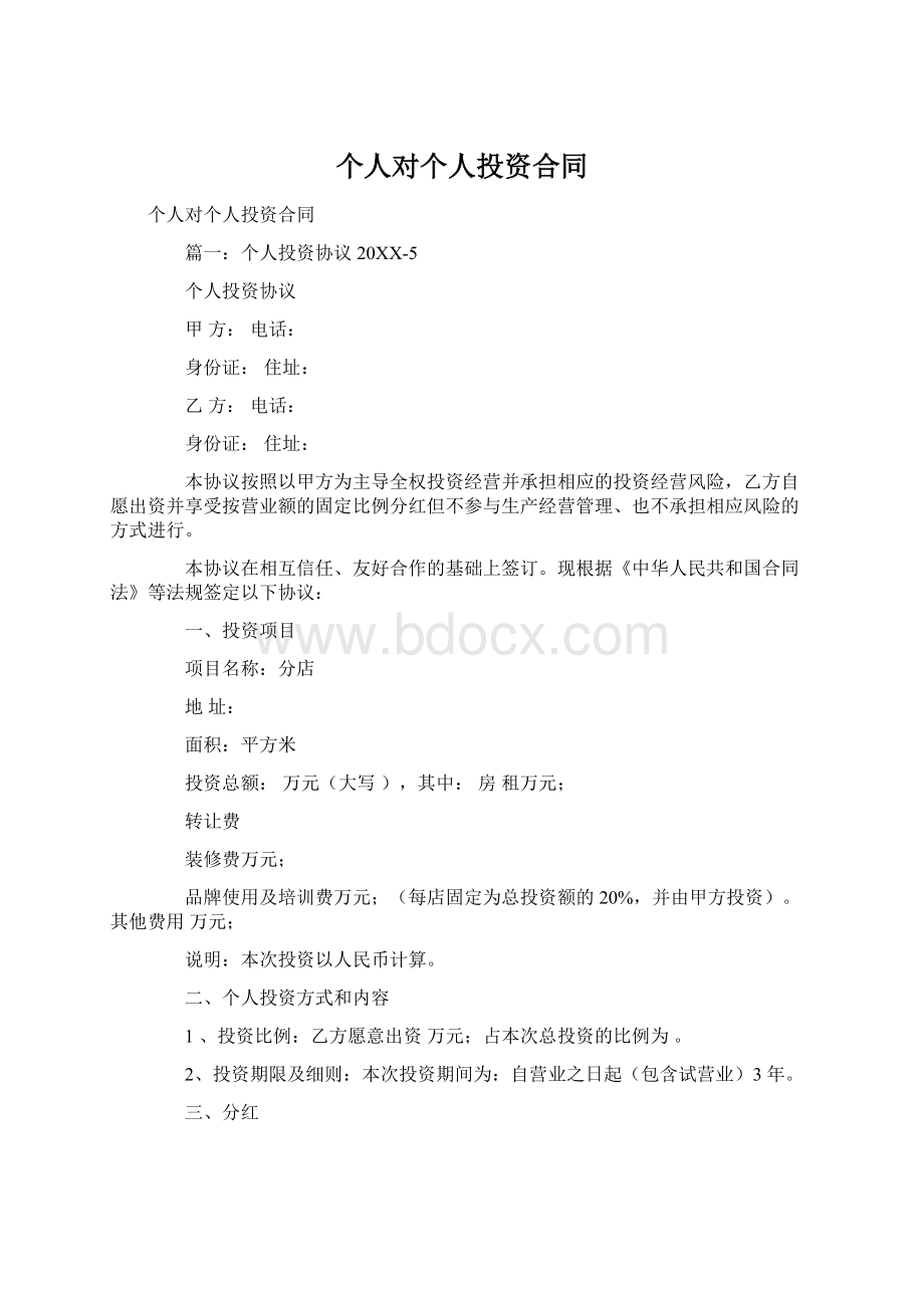 个人对个人投资合同文档格式.docx