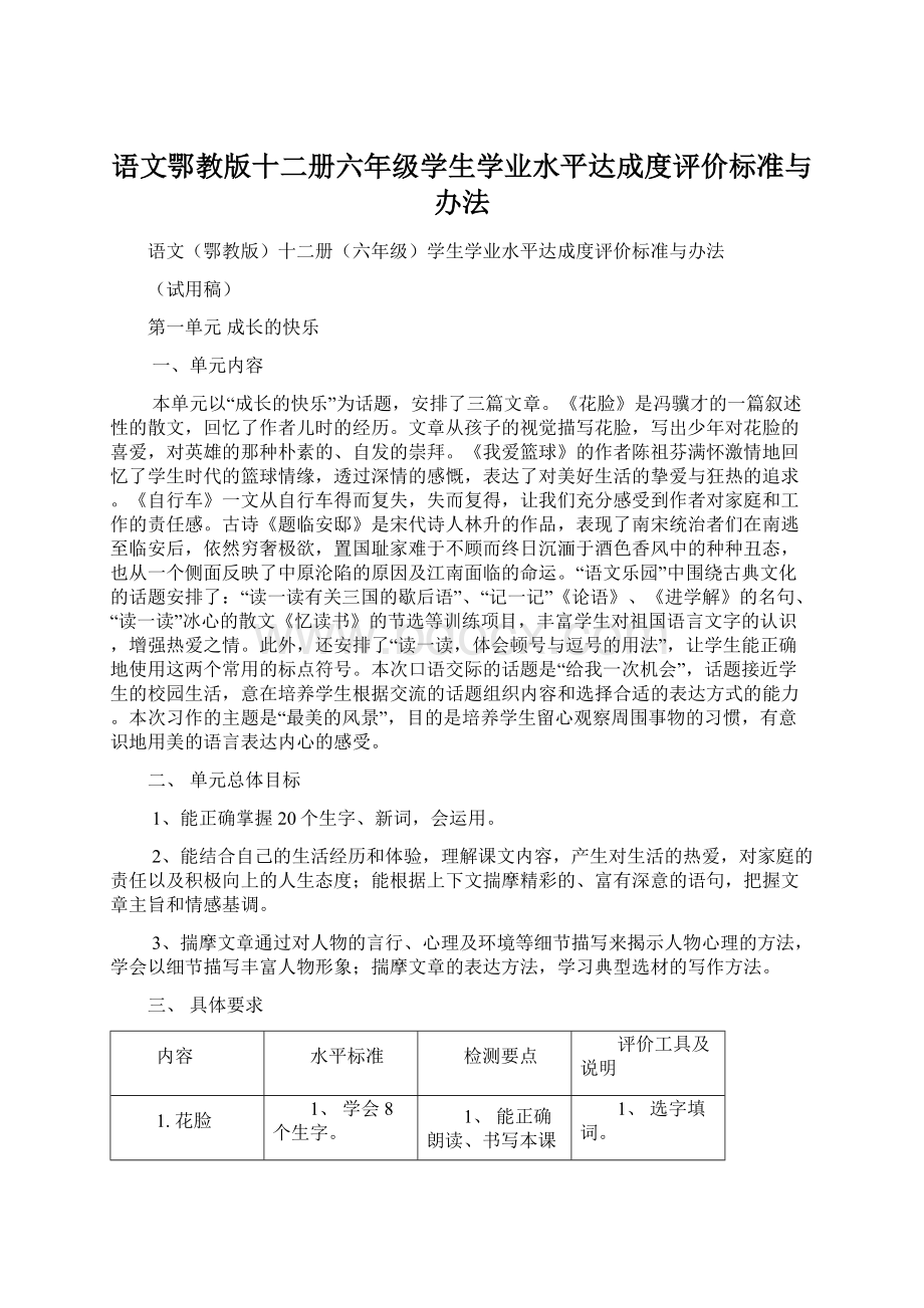 语文鄂教版十二册六年级学生学业水平达成度评价标准与办法Word文件下载.docx