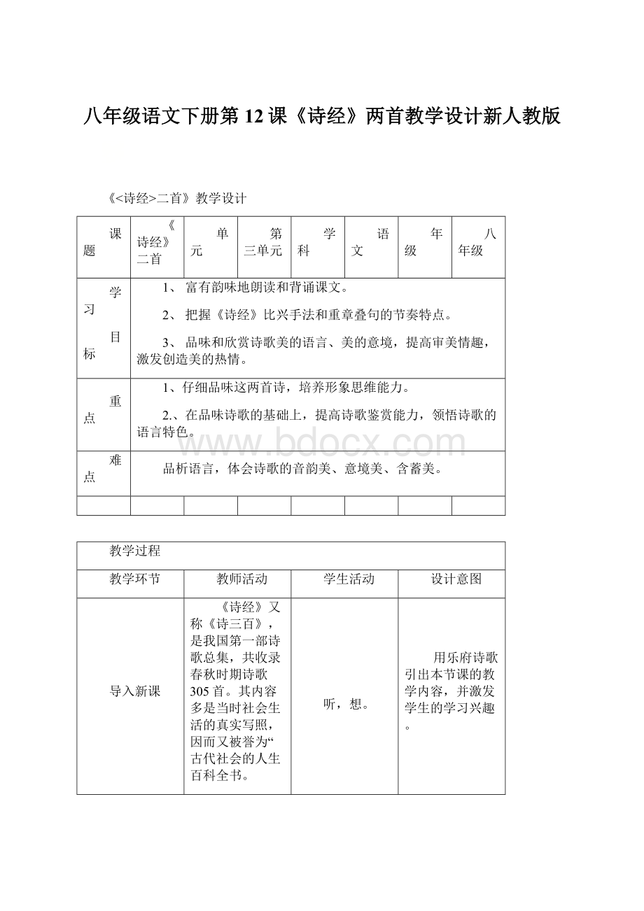 八年级语文下册第12课《诗经》两首教学设计新人教版.docx