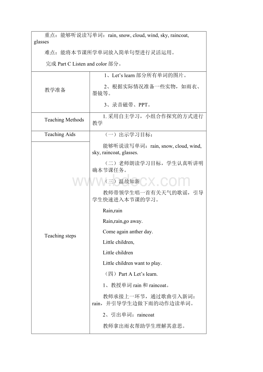 陕西旅游版四年级下册英语Unit3Isitsnowing教案1Word格式.docx_第3页