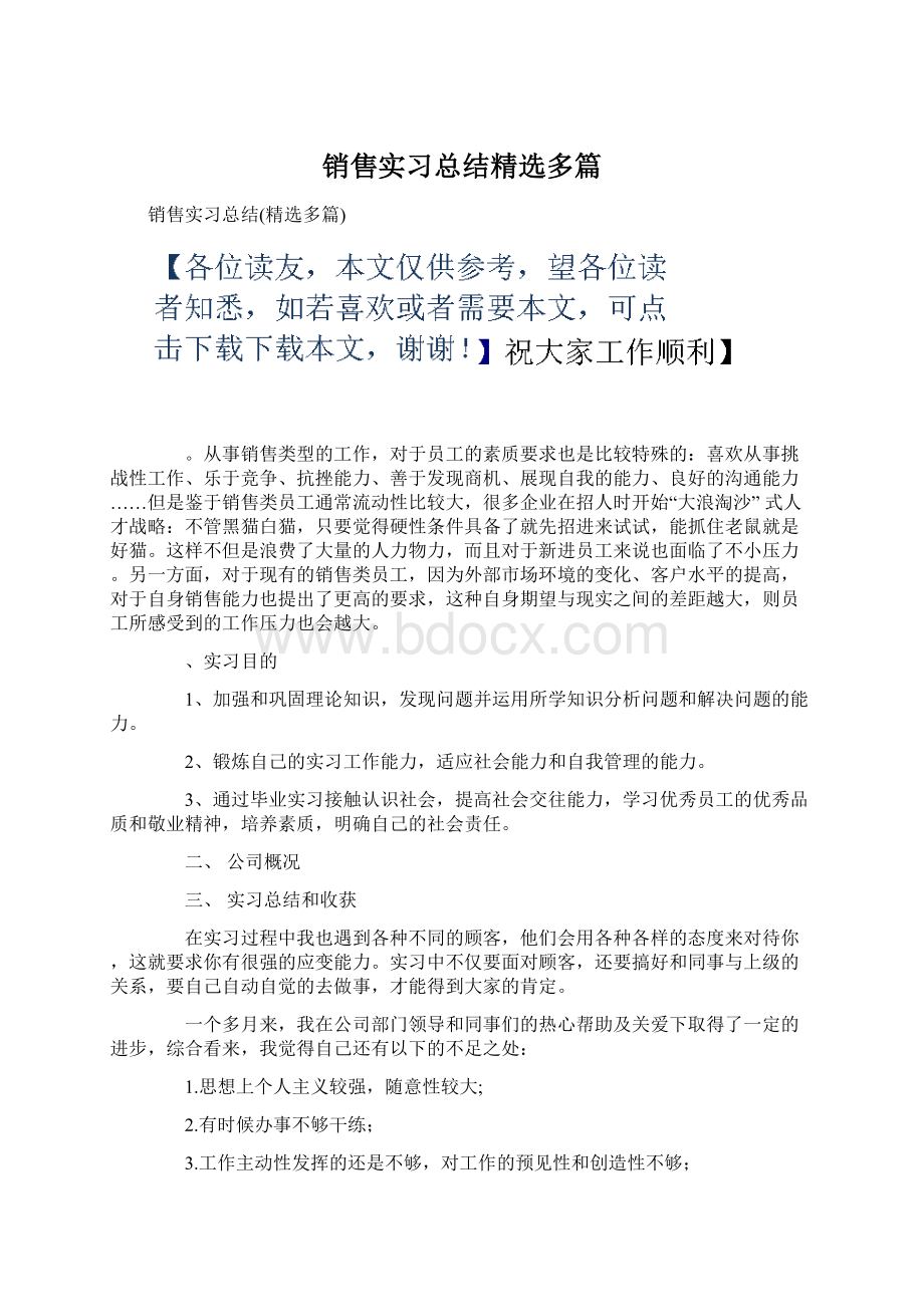 销售实习总结精选多篇Word格式.docx