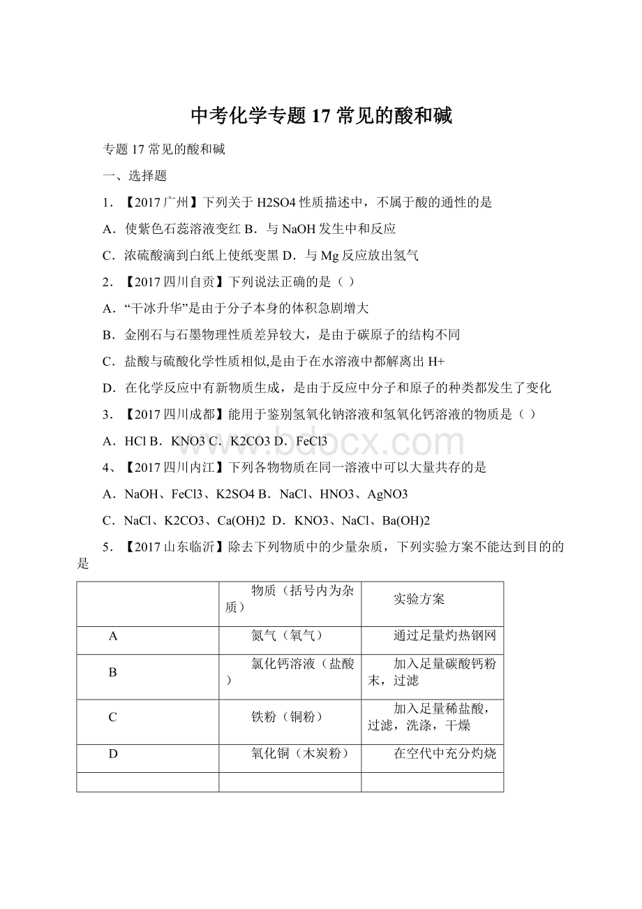 中考化学专题17 常见的酸和碱文档格式.docx