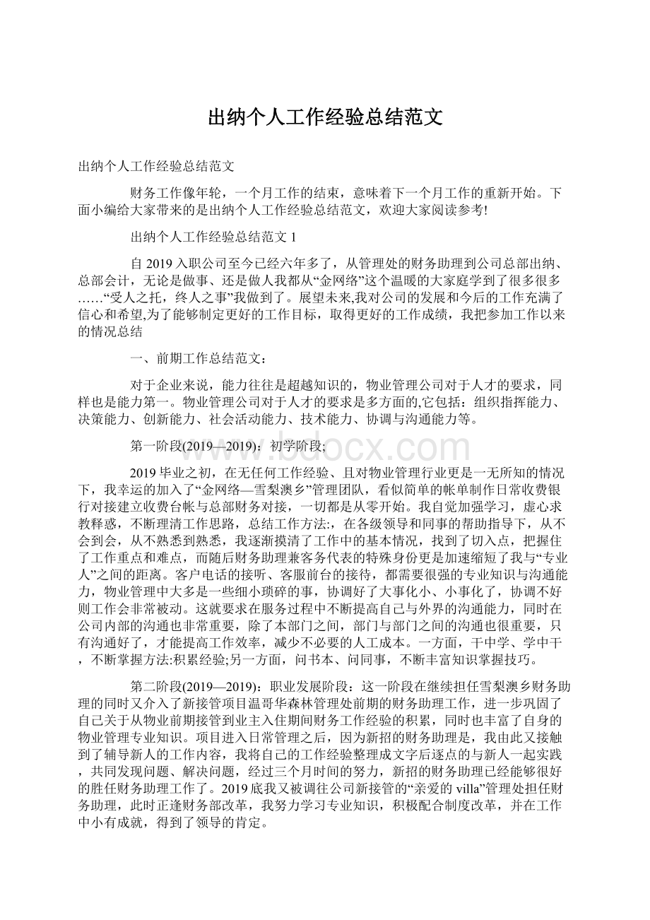 出纳个人工作经验总结范文.docx_第1页