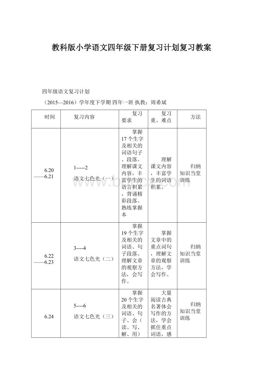 教科版小学语文四年级下册复习计划复习教案.docx_第1页