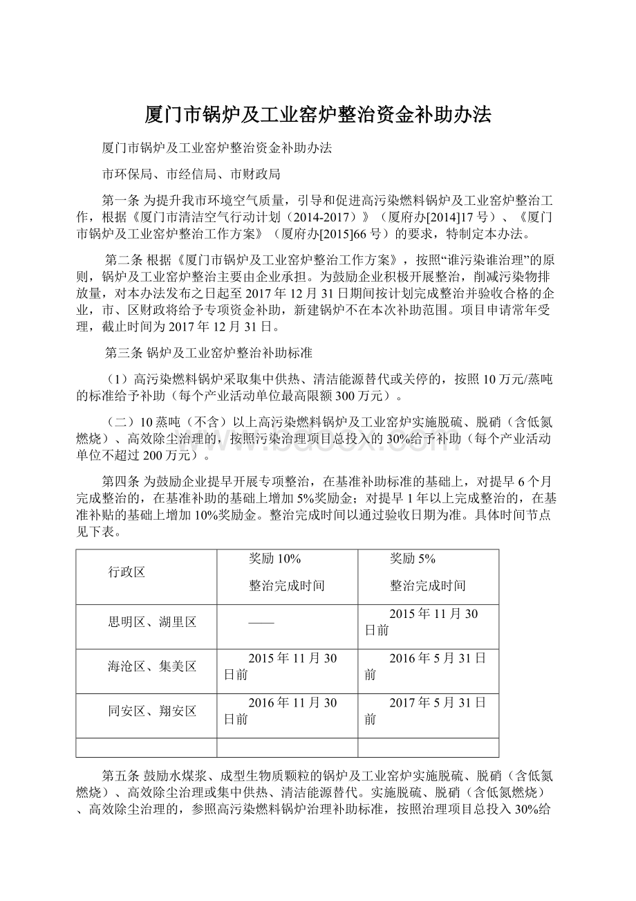 厦门市锅炉及工业窑炉整治资金补助办法.docx