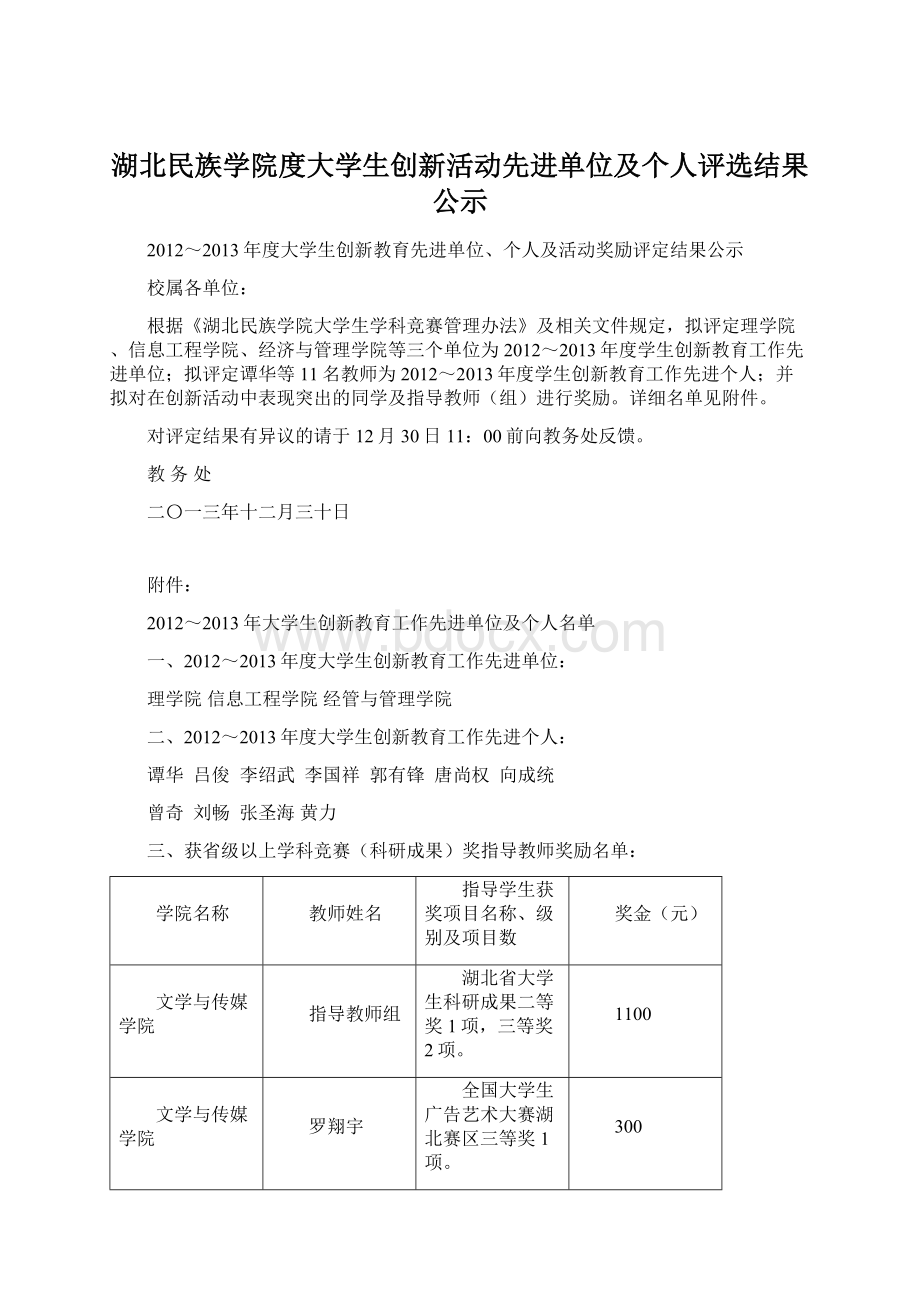 湖北民族学院度大学生创新活动先进单位及个人评选结果公示Word文档格式.docx_第1页