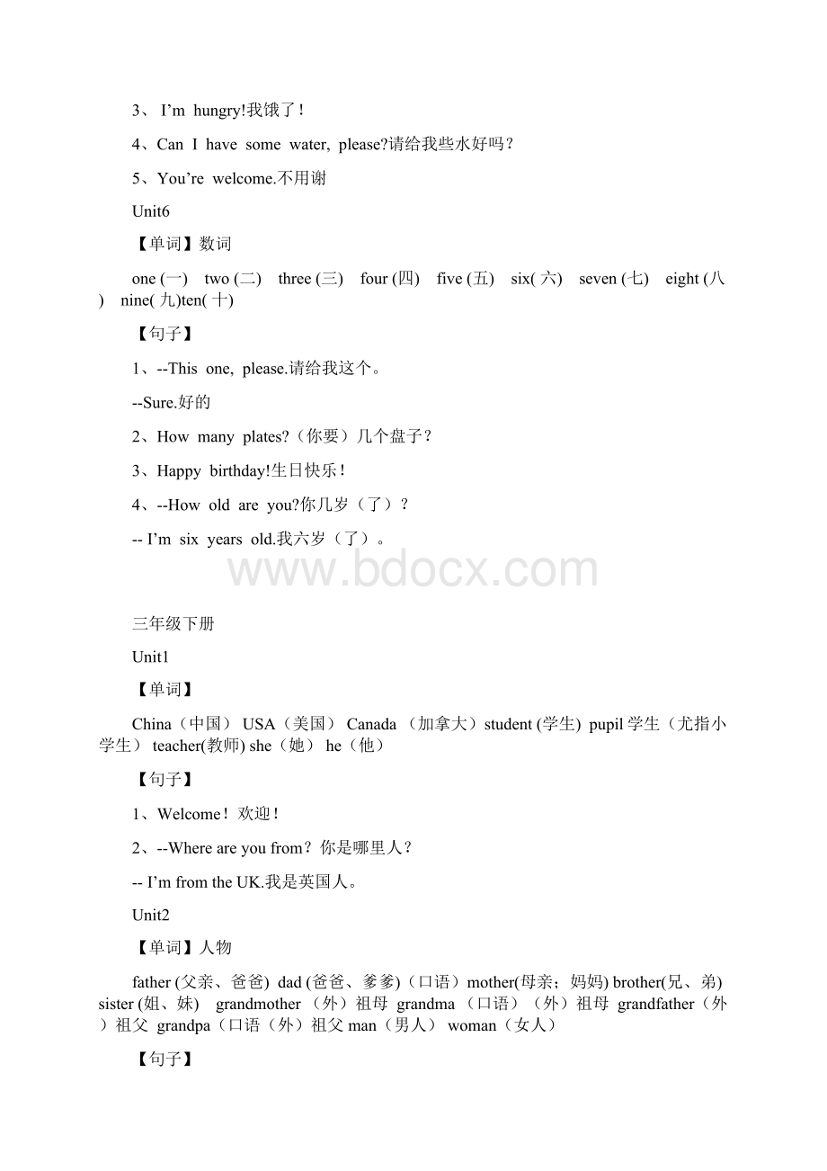 新版PEP小学英语三至六年级重点词汇和句子docWord格式.docx_第3页