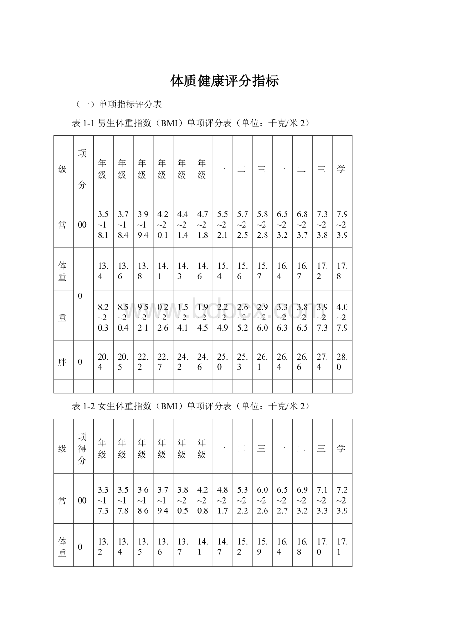 体质健康评分指标Word文档下载推荐.docx