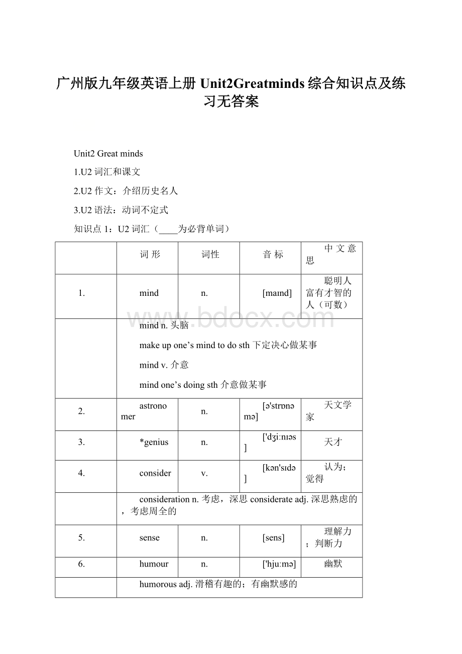 广州版九年级英语上册Unit2Greatminds综合知识点及练习无答案.docx