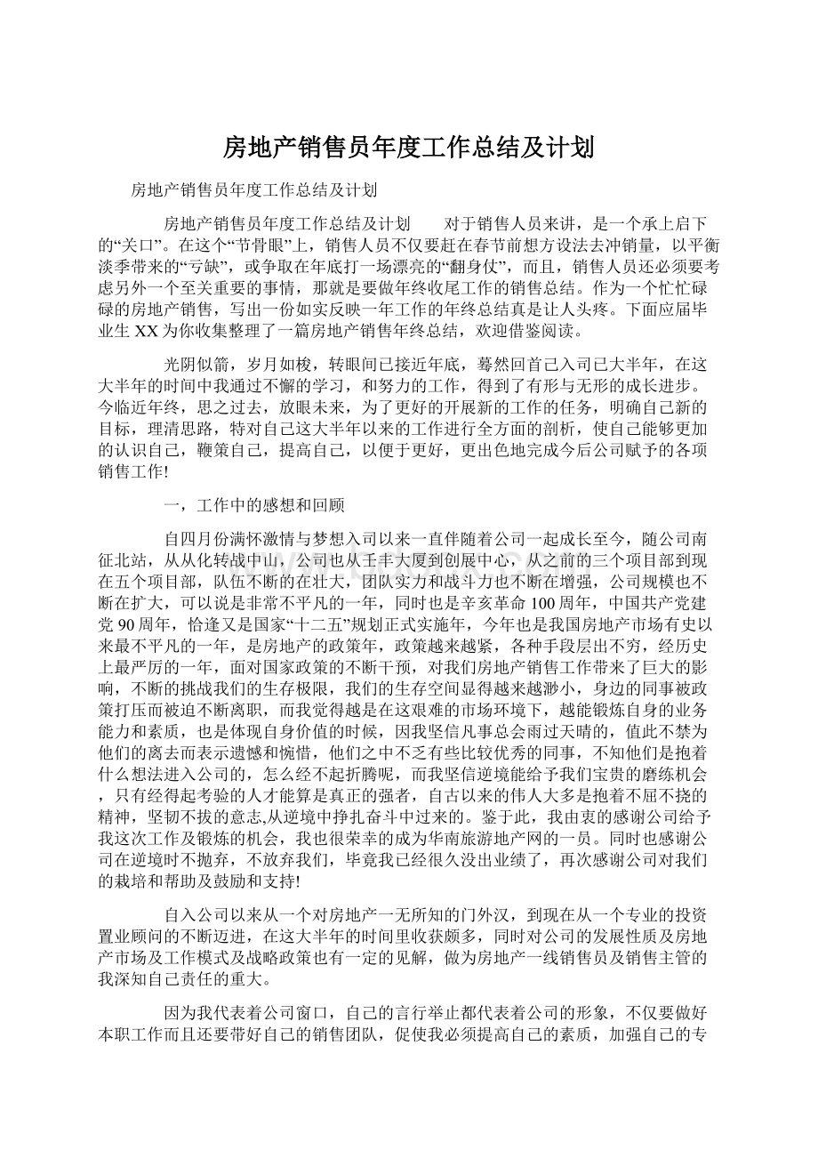 房地产销售员年度工作总结及计划.docx_第1页