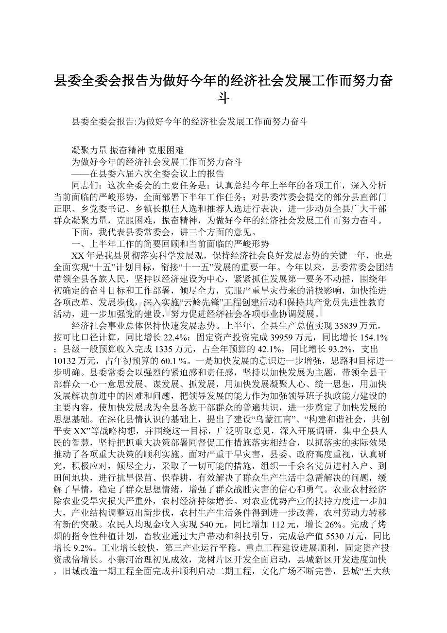 县委全委会报告为做好今年的经济社会发展工作而努力奋斗Word文档格式.docx_第1页