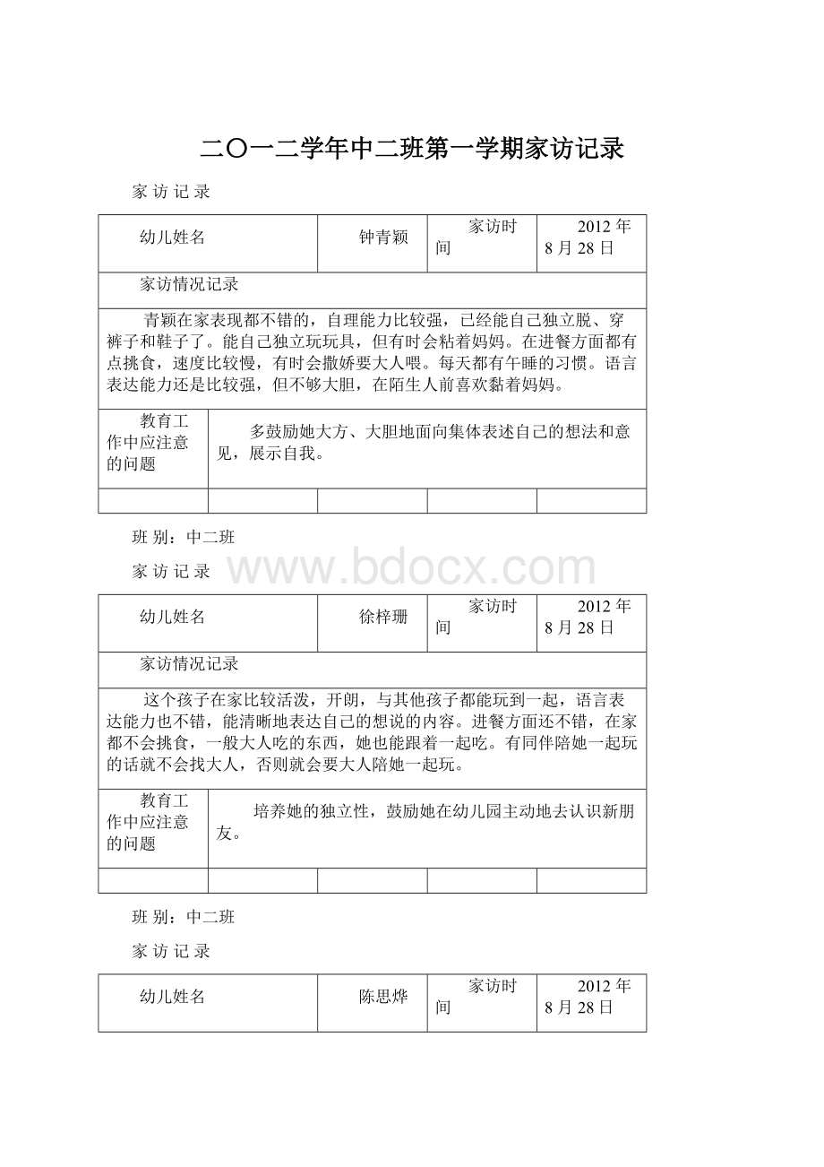 二〇一二学年中二班第一学期家访记录Word文档格式.docx