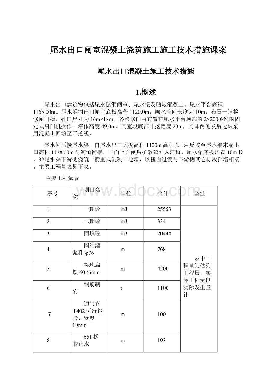 尾水出口闸室混凝土浇筑施工施工技术措施课案文档格式.docx