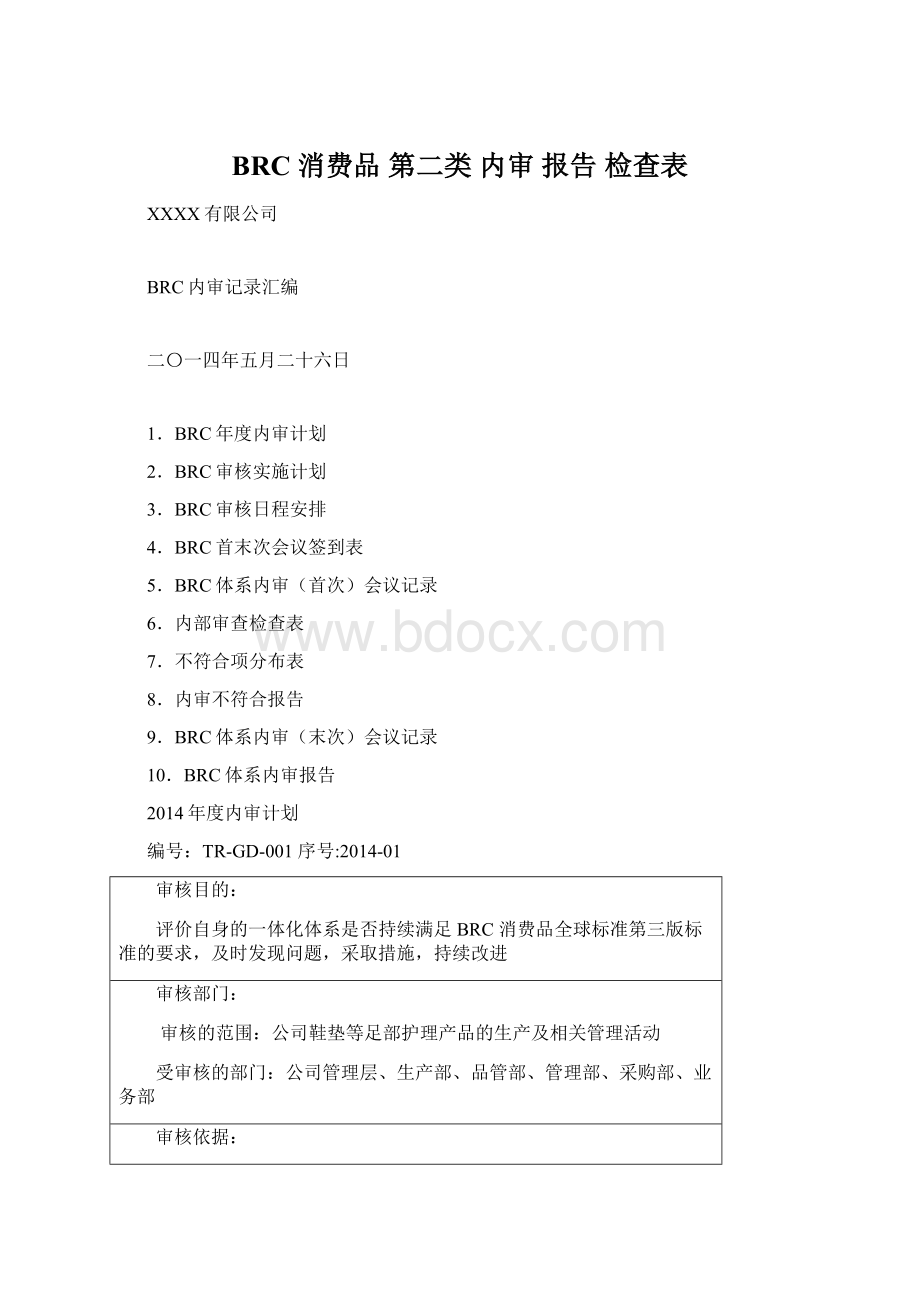 BRC 消费品 第二类 内审 报告 检查表Word文档格式.docx