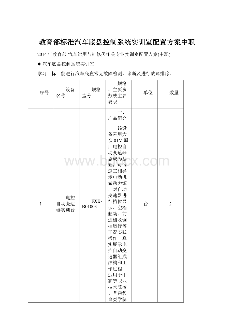 教育部标准汽车底盘控制系统实训室配置方案中职.docx_第1页