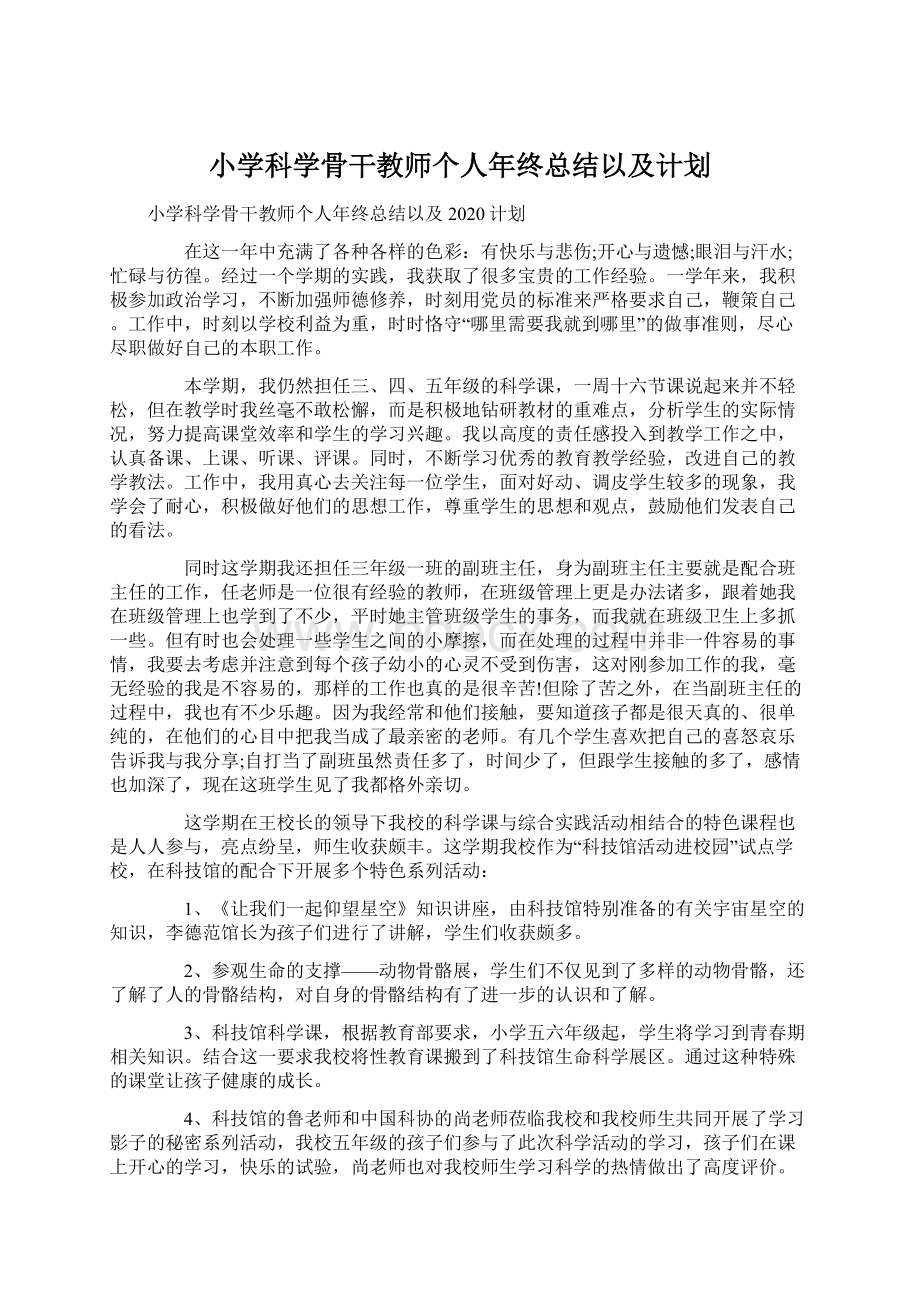 小学科学骨干教师个人年终总结以及计划Word文档下载推荐.docx_第1页