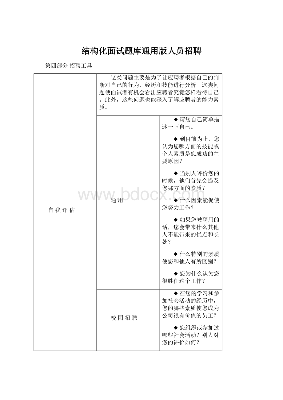 结构化面试题库通用版人员招聘Word文档格式.docx_第1页