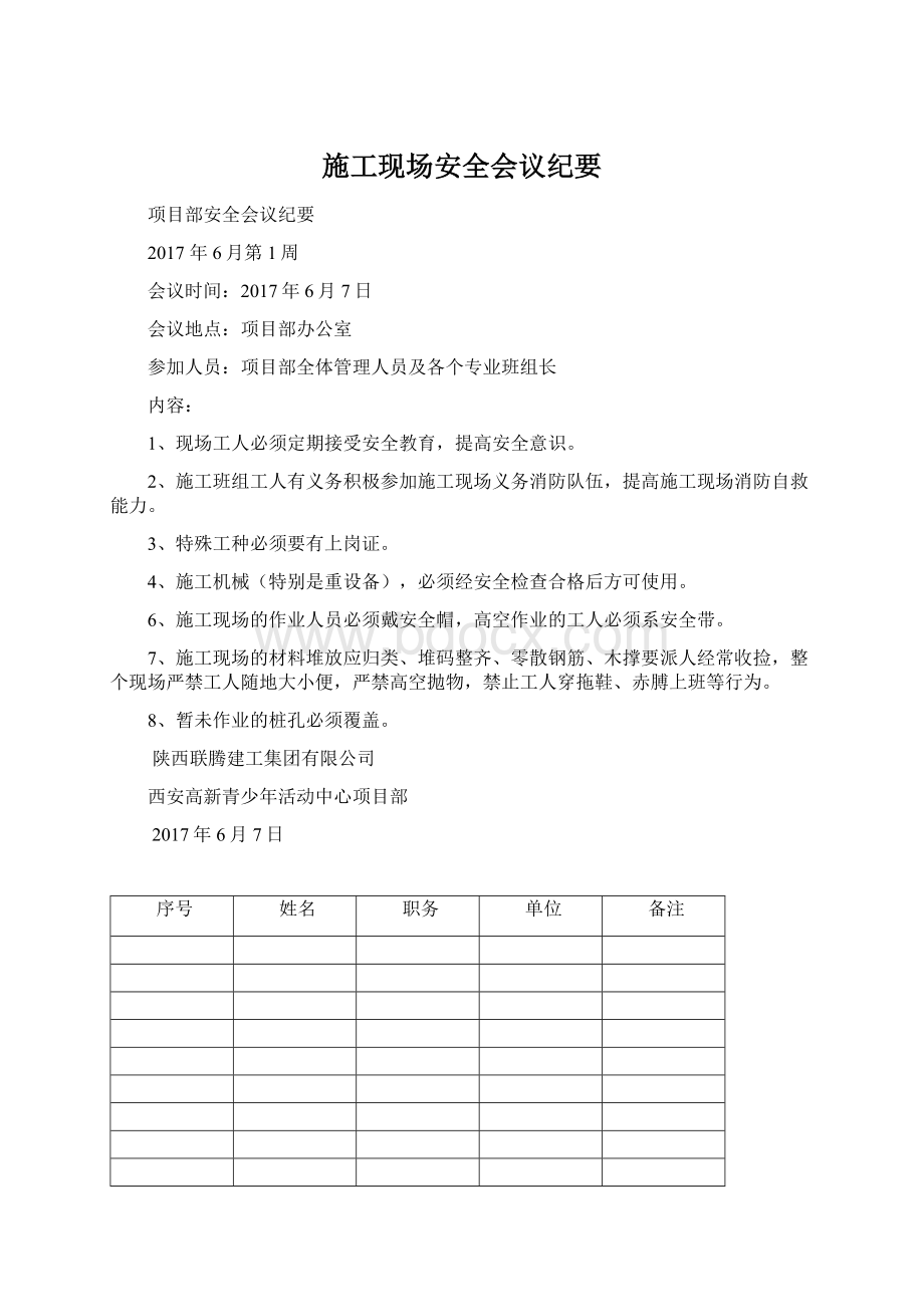 施工现场安全会议纪要Word格式.docx