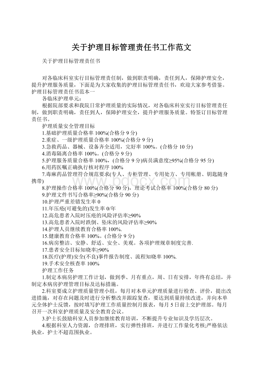 关于护理目标管理责任书工作范文Word文件下载.docx