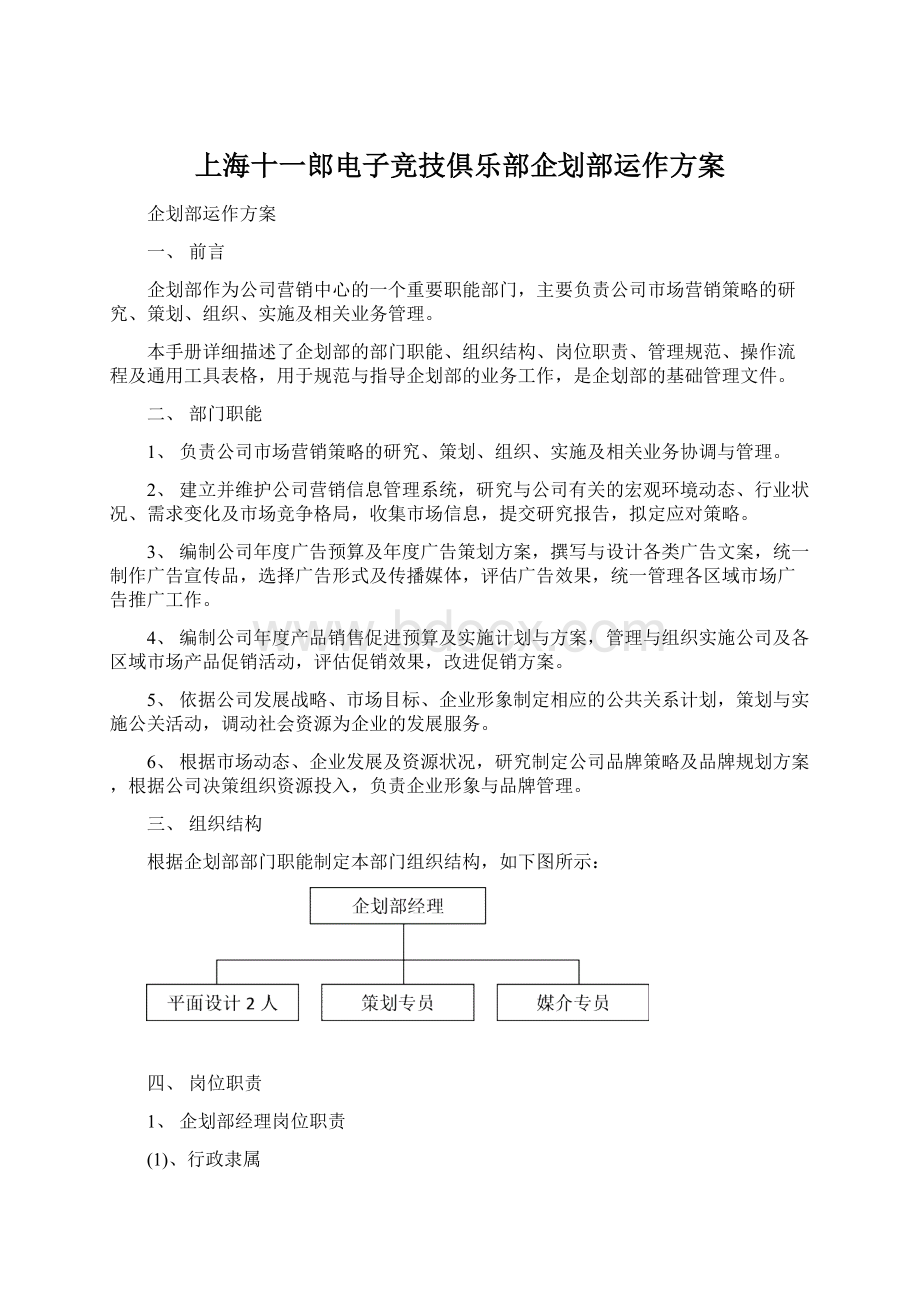 上海十一郎电子竞技俱乐部企划部运作方案.docx